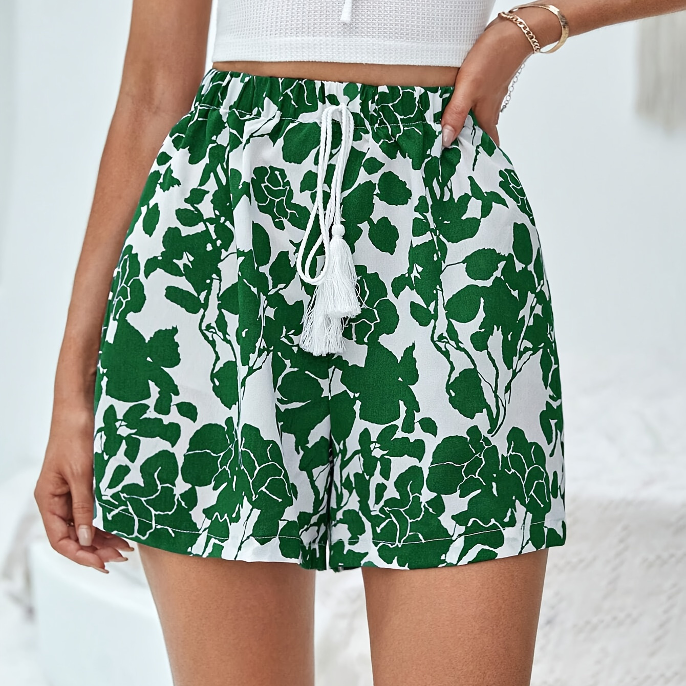 

Plant Print High Waist Loose Shorts, Casual Tassel Tied Shorts For Spring & Summer, Women's Clothing