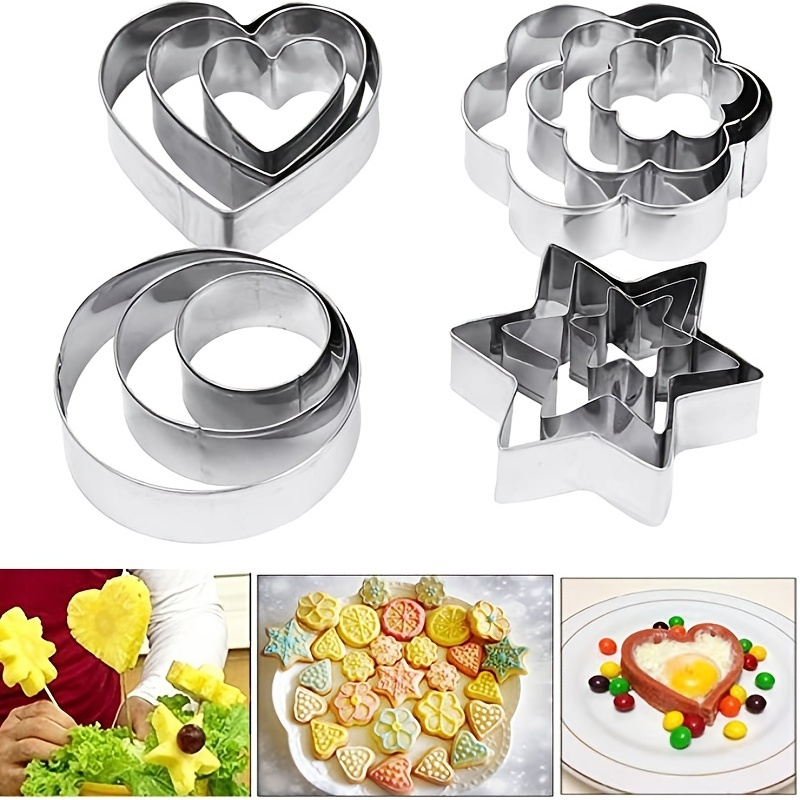 

12pcs Stainless Steel Cookie Cutters Set, Heart/star/flower Shapes, Biscuit Pastry Molds For Baking, Food-safe Metal Kitchen Tools For Holiday Treats & Lovely Vegetables, Baking Essentials