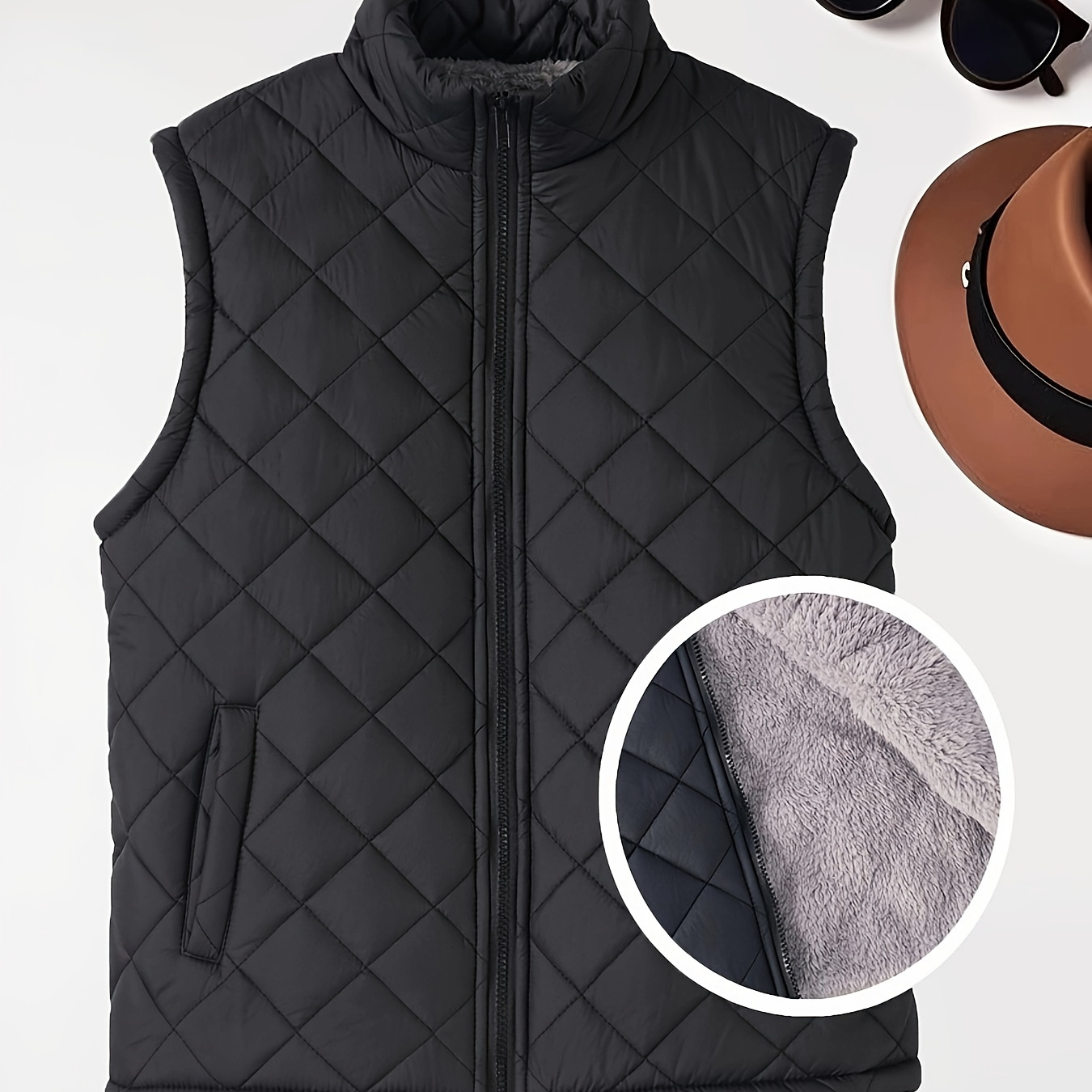 

Zip-up Puffy Lapel Quilted Vest, Casual Thermal Sleeveless Pockets Vest For Fall & Winter, Women's Clothing