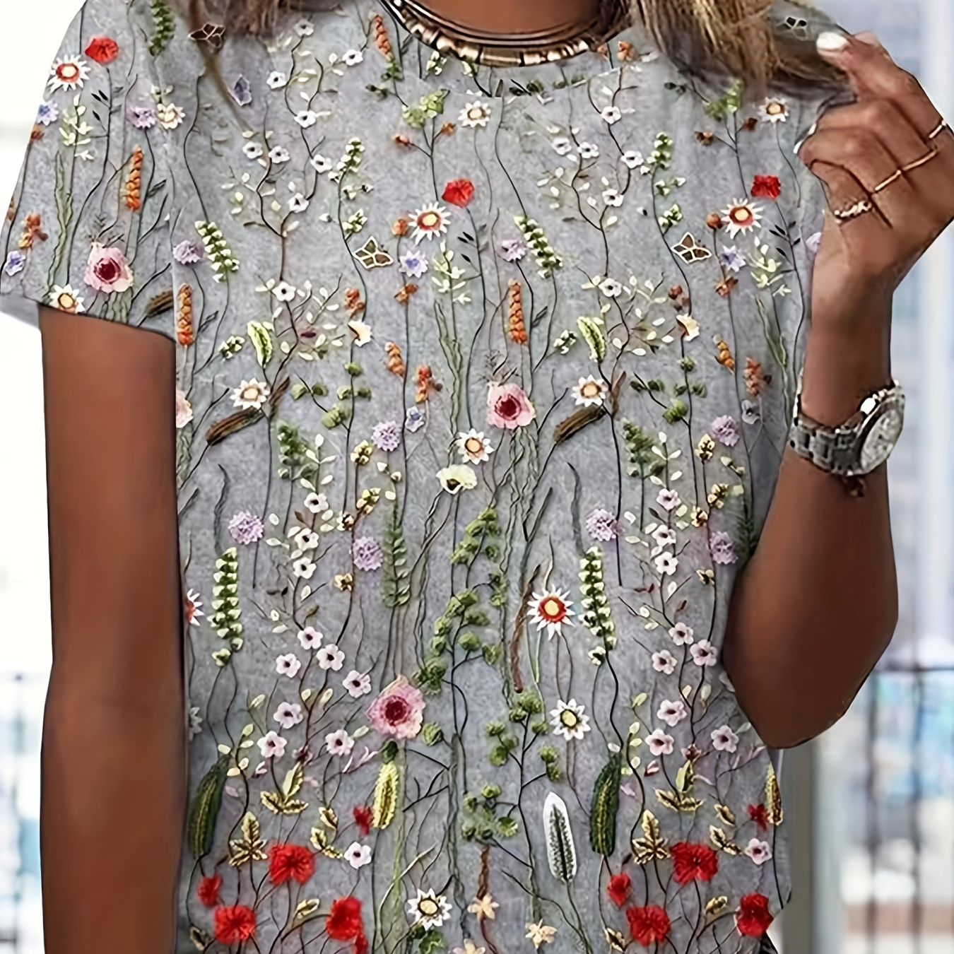 

Plus Size Casual Top, Women's Plus Floral Print Short Sleeve Round Neck T-shirt