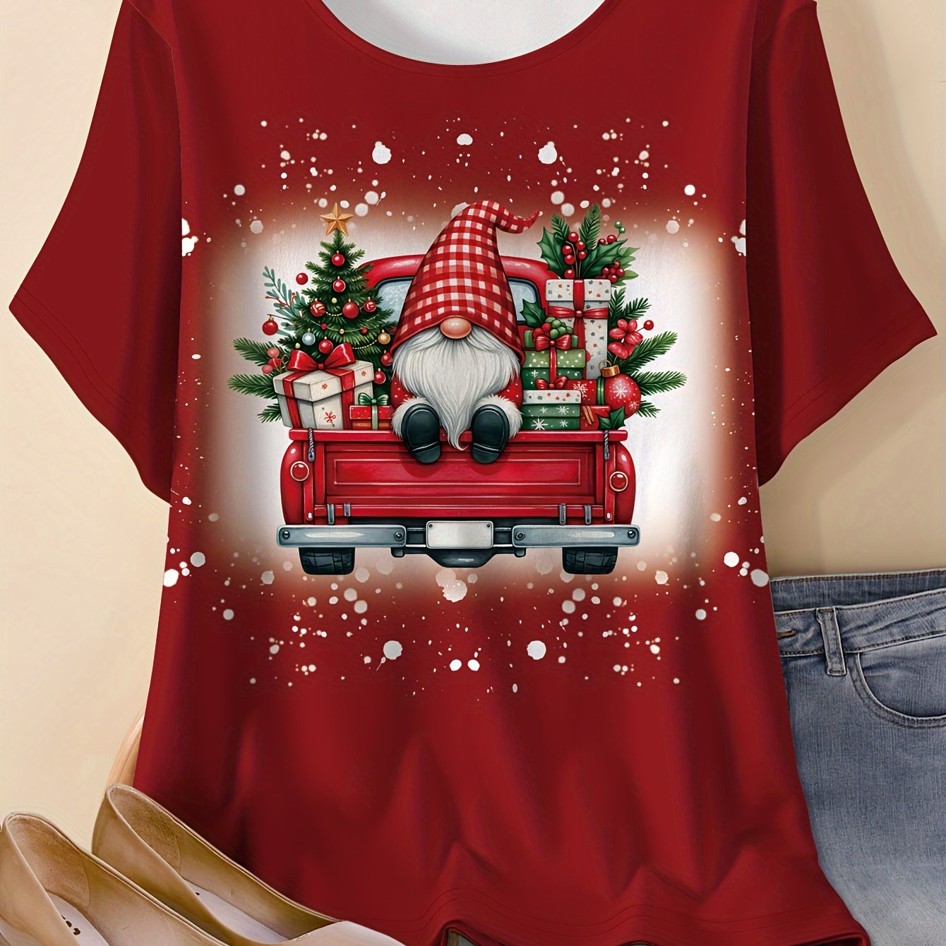 

Plus Size Christmas T-shirt For Women - Casual Crew Neck Short Sleeve Top With & Truck Print, Comfortable Polyester Knit Fabric With Medium Stretch, Fashionable Holiday Wear