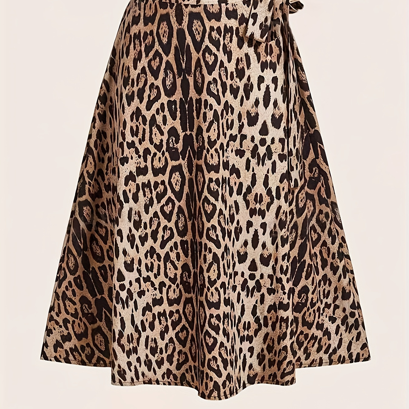 

1pc Elegant Leopard Print A-line Skirt With Back Waist And Tie Detail, Polyester Woven Long Flared Hem, Loose