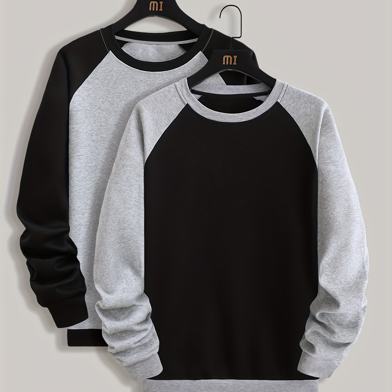

2pcs Plus Size Men's Contrast Color Raglan Crew Neck Sweatshirts For Sports/workout, Stylish Long Sleeve Sweatshirt Tops For Spring/autumn, Men's Clothing