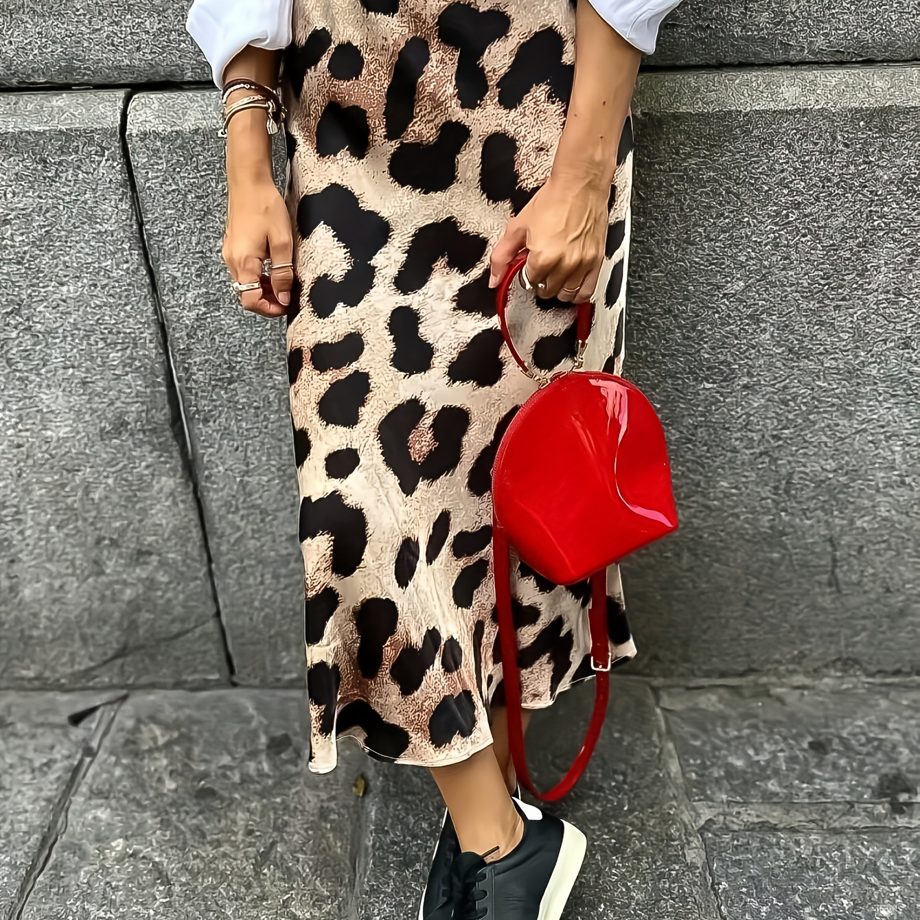 

Women's Casual Leopard Print Midi Skirt - Polyester Blend With 95% Polyester, 5% Elastane | Woven High-waisted Skirt With Elasticity | Chic Animal Pattern Fashion Skirt