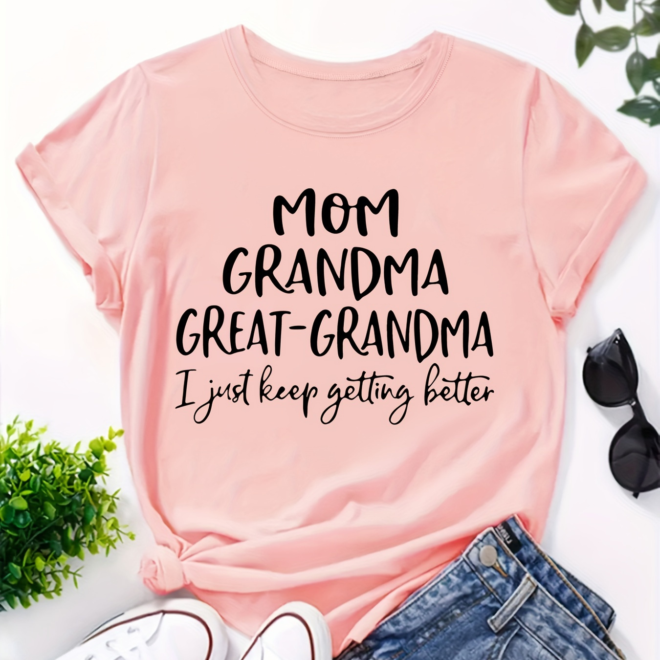 

Plus Size Mom & Grandma Print T-shirt, Casual Short Sleeve Crew Neck Top For Spring & Summer, Women's Plus Size Clothing