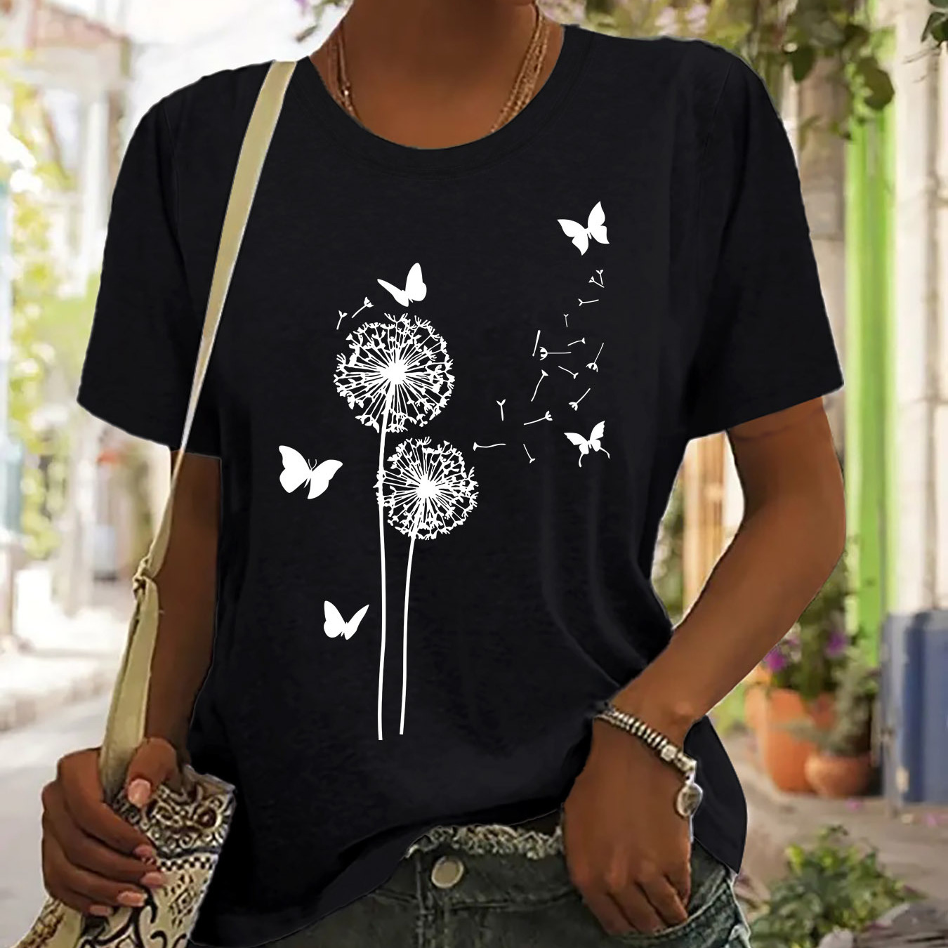 

Dandelion Print T-shirt, Short Sleeve Crew Neck Casual Top For Summer & Spring, Women's Clothing