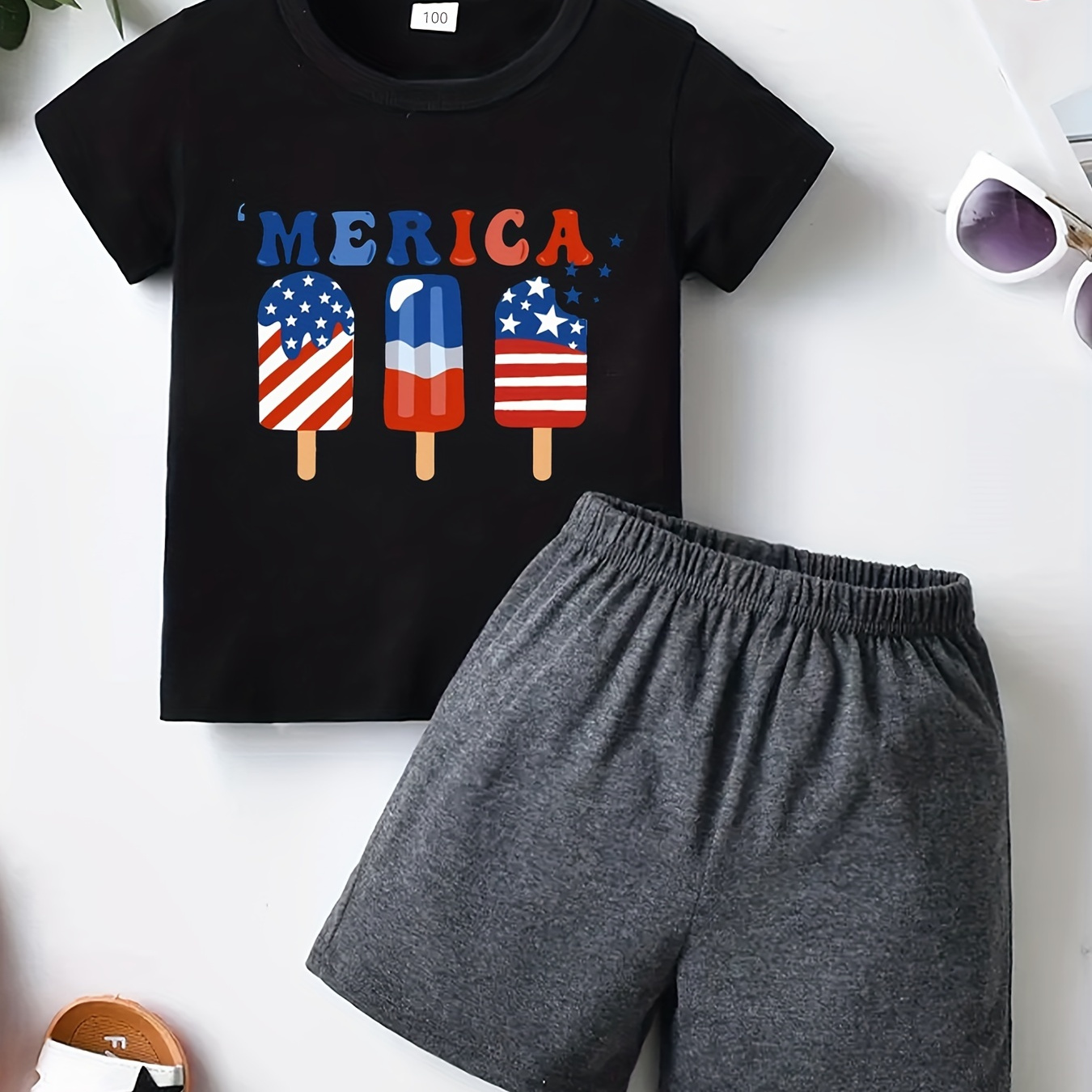 

Boys "america" Ice-cream Print Casual Outfit Round Neck T-shirt & Shorts For Independence Day Kids Summer Clothes Sets