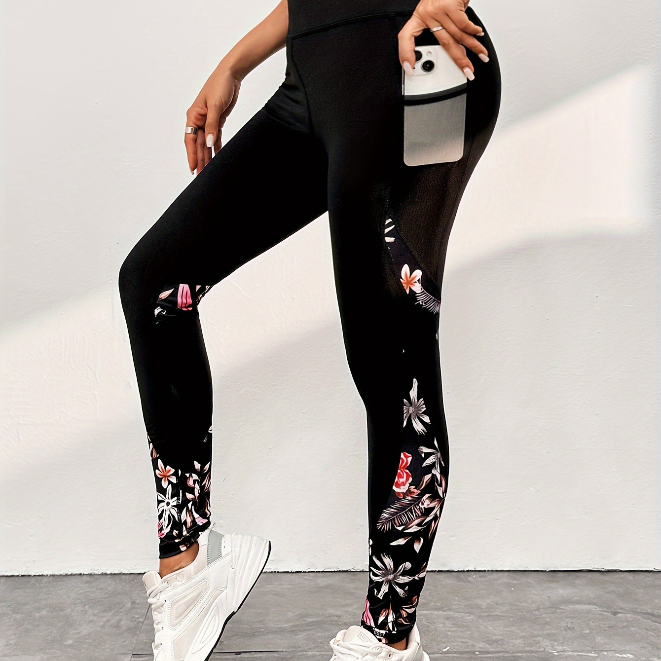

Flower Print High Waist Tummy Control Fitness Pants, Quick Dry Running Yoga Hip Lifting Sports Leggings, Women's Activewear Wide Waistband