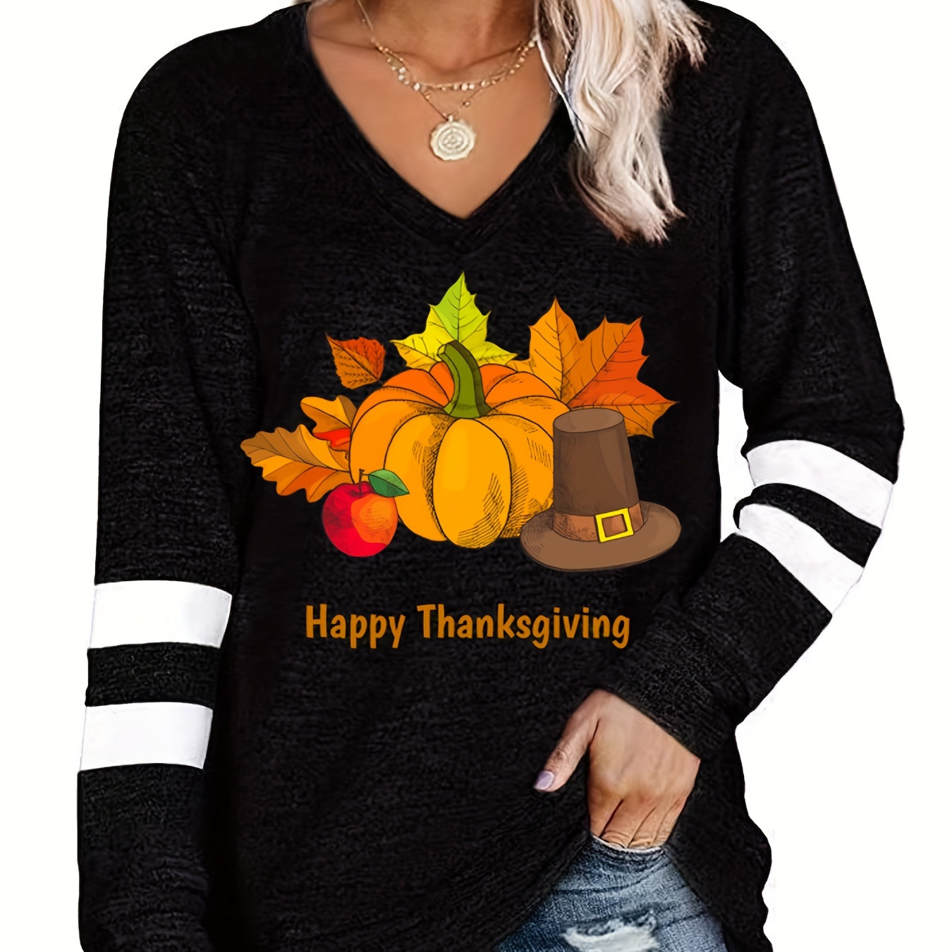 

Plus Size Thanksgiving Casual T-shirt, Women's Plus Graphic & Slogan Print Long Sleeve V Neck Medium Stretch Tunic Top