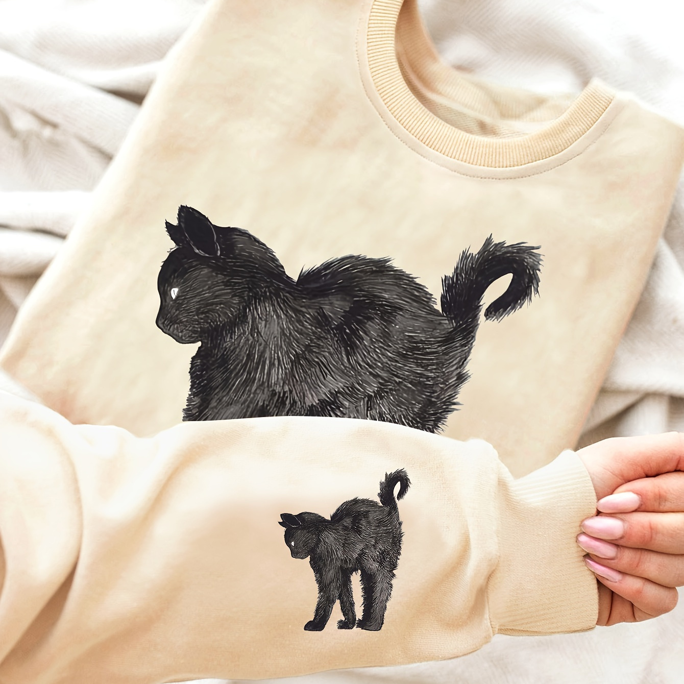 

Cat Print Sweatshirt, Crew Neck Casual Sweatshirt For Winter & Fall, Women's Clothing