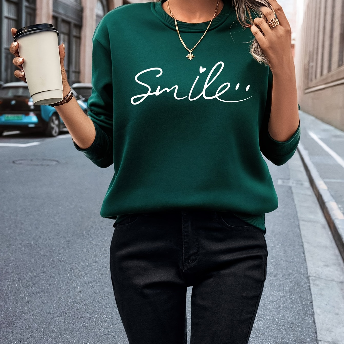 

Women's Casual Long Sleeve Pullover Sweatshirt, Polyester "smile" Letter Print, Round Neck, Stretchy Knit, Regular Fit, Adult H-shape, Autumn/