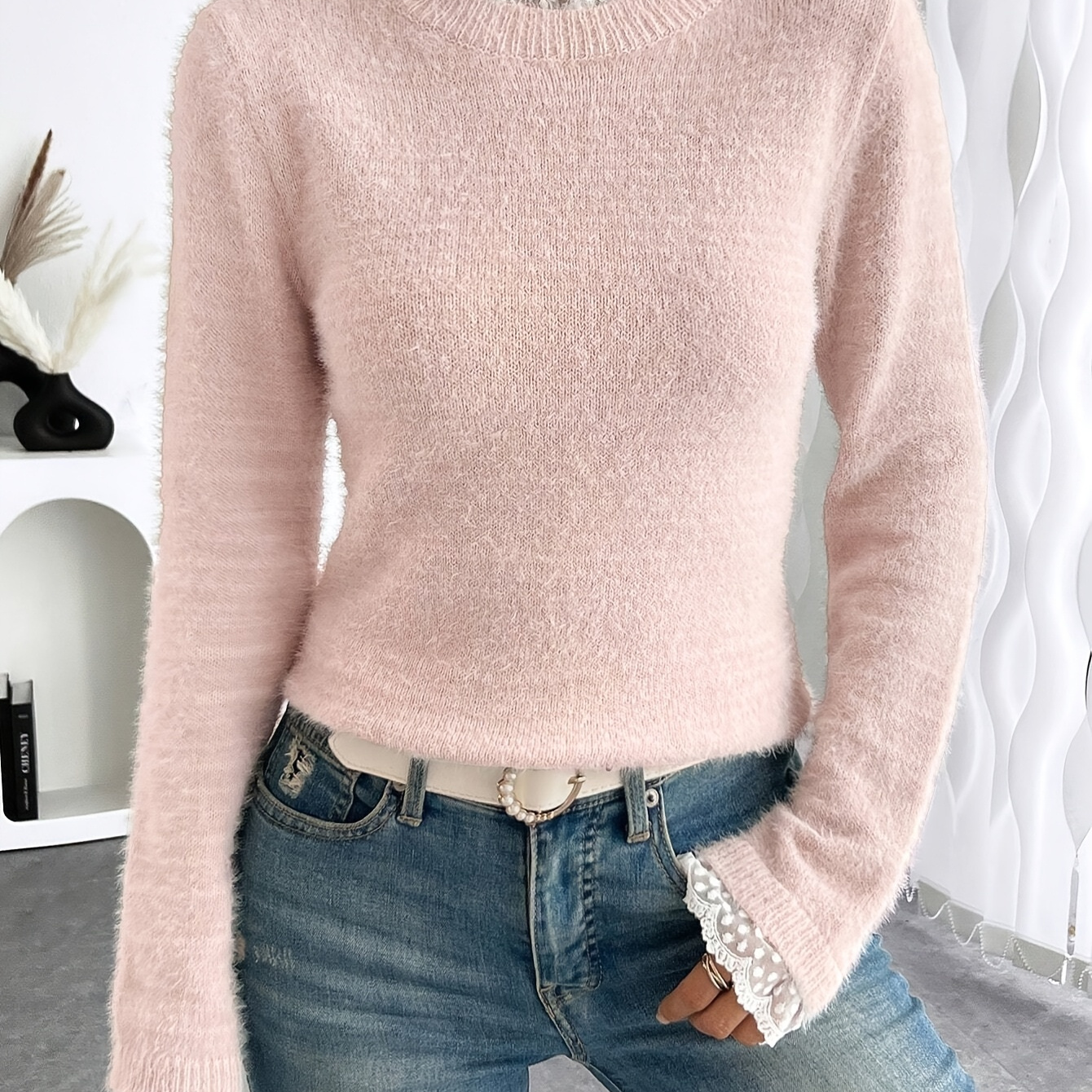 

Women's Elegant Crew Neck Knit Sweater With Lace Detail, Polyester 90% Polyamide 10%, Solid Color, Fall/winter Knit Fabric Top