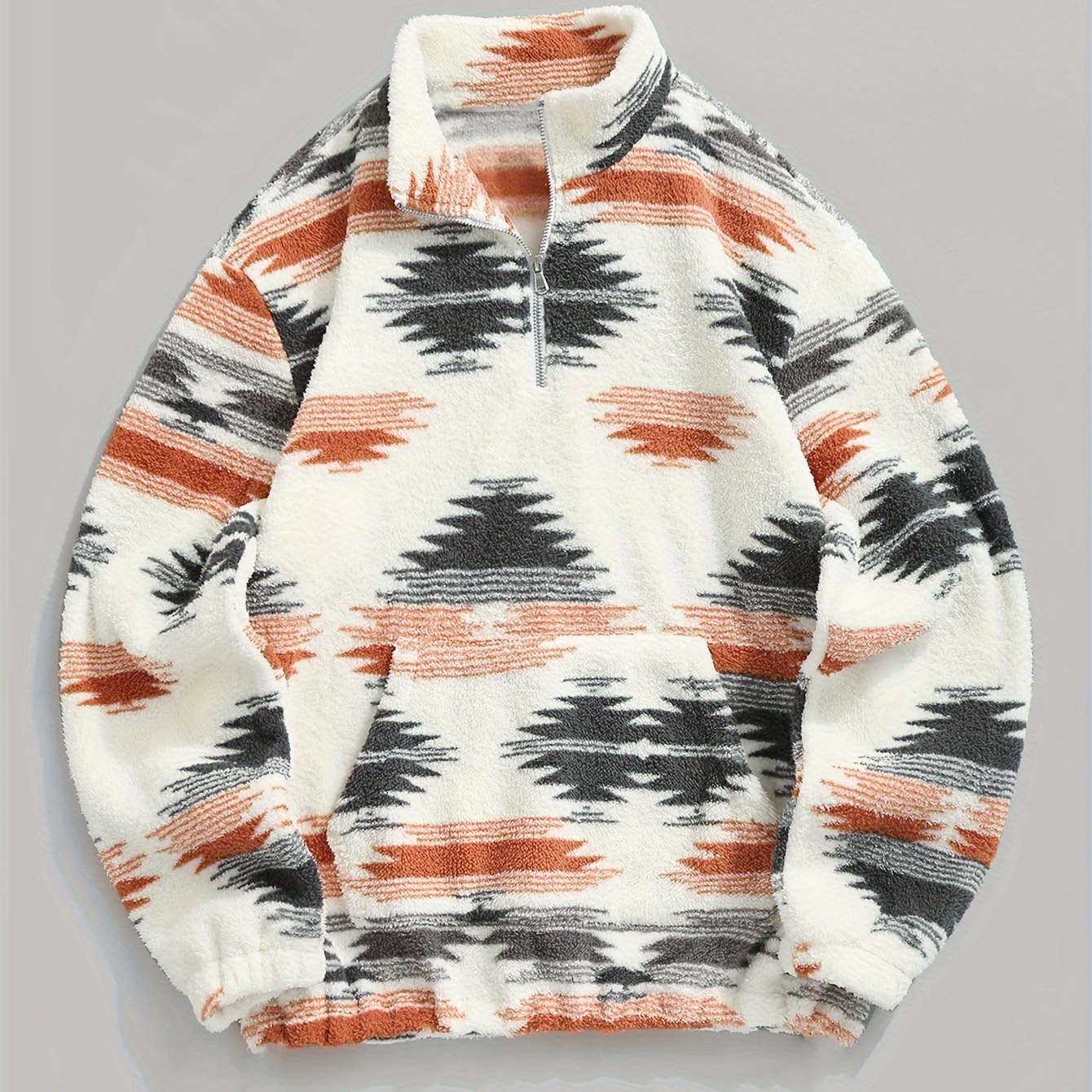

Men's Loose Polar Fleece Folk Style Print Sweatshirt With Kangaroo Pocket, Casual Breathable Half Zipper Stand Collar Long Sleeve Top For Outdoor