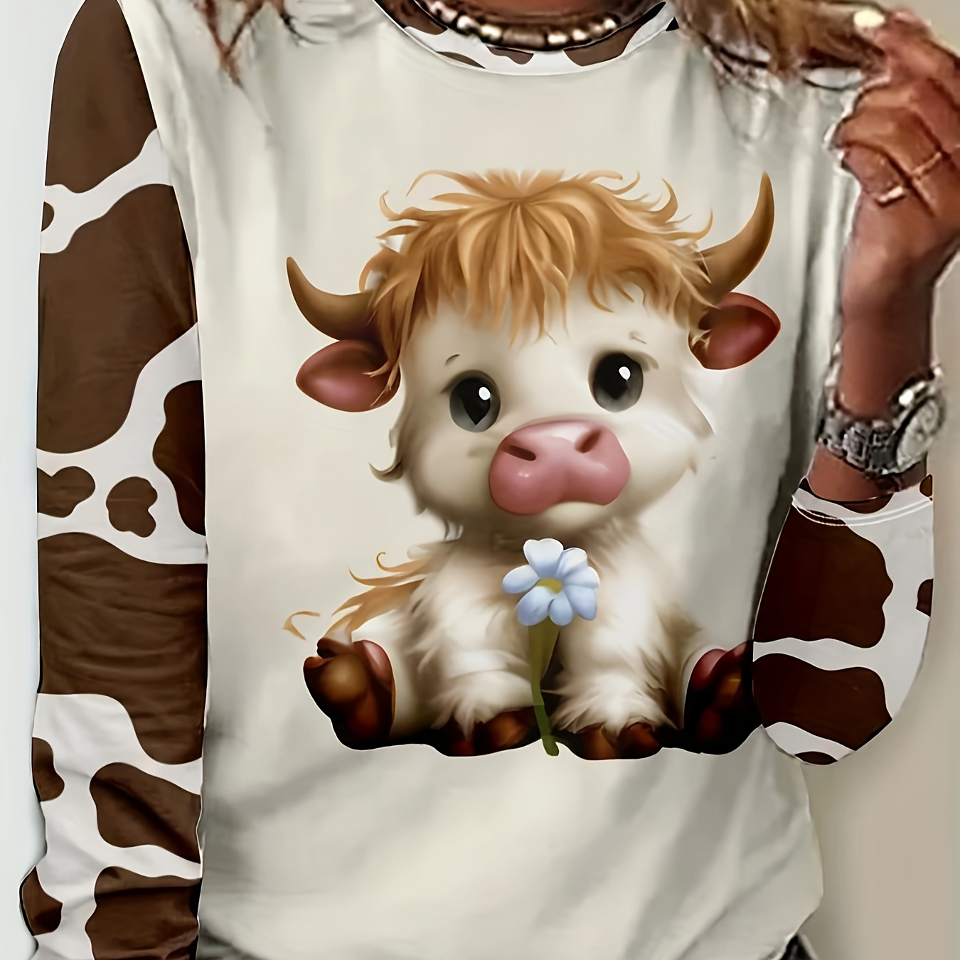 

1pc Cute Cow Print Long Sleeve T-shirt, Polyester Knit Fabric With Collar, Animal Pattern Casual Top For All , Cow Decor