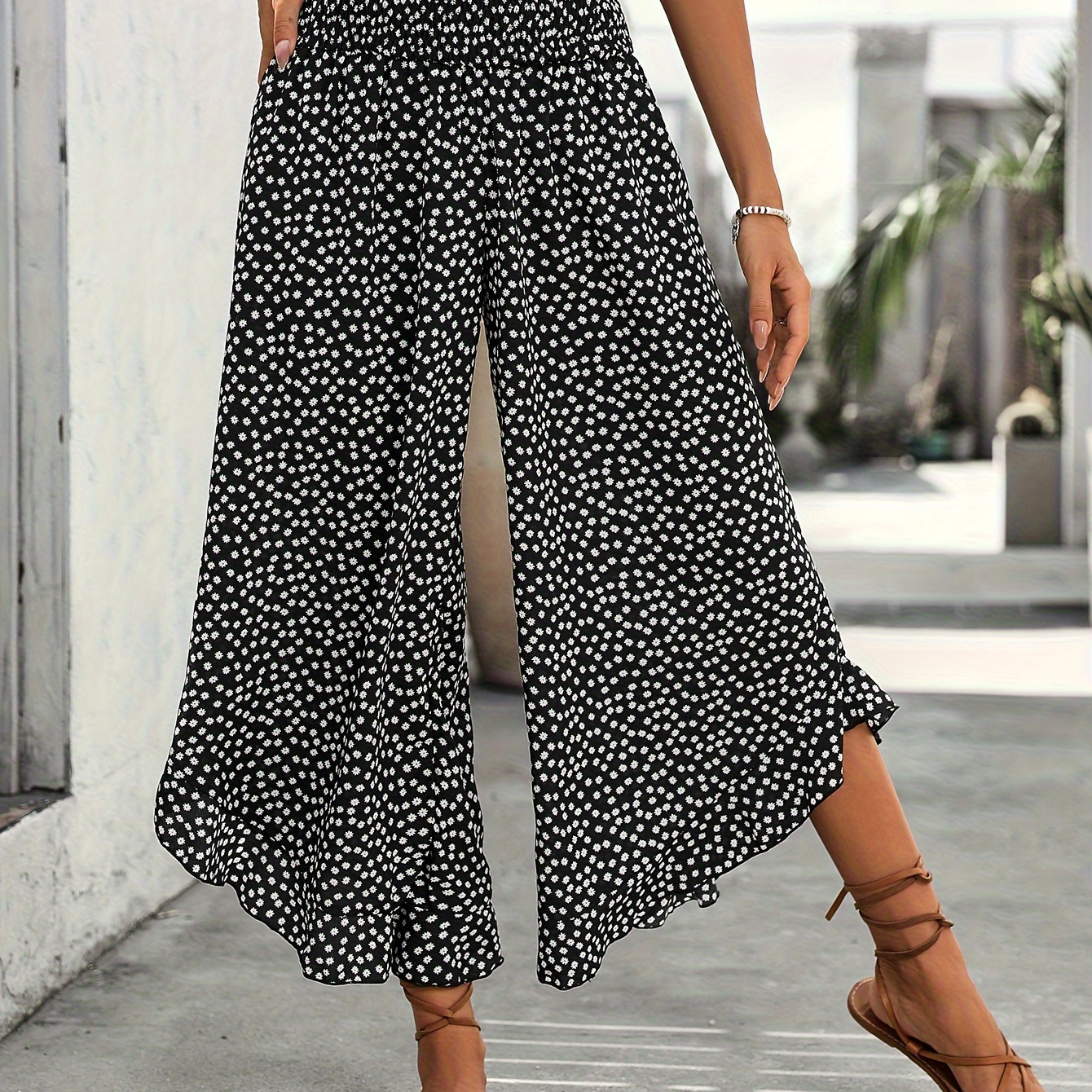 

Floral Print Wide Leg Shirred Pants, Elegant Ruffle Hem High Waist Pants For , Women's Clothing