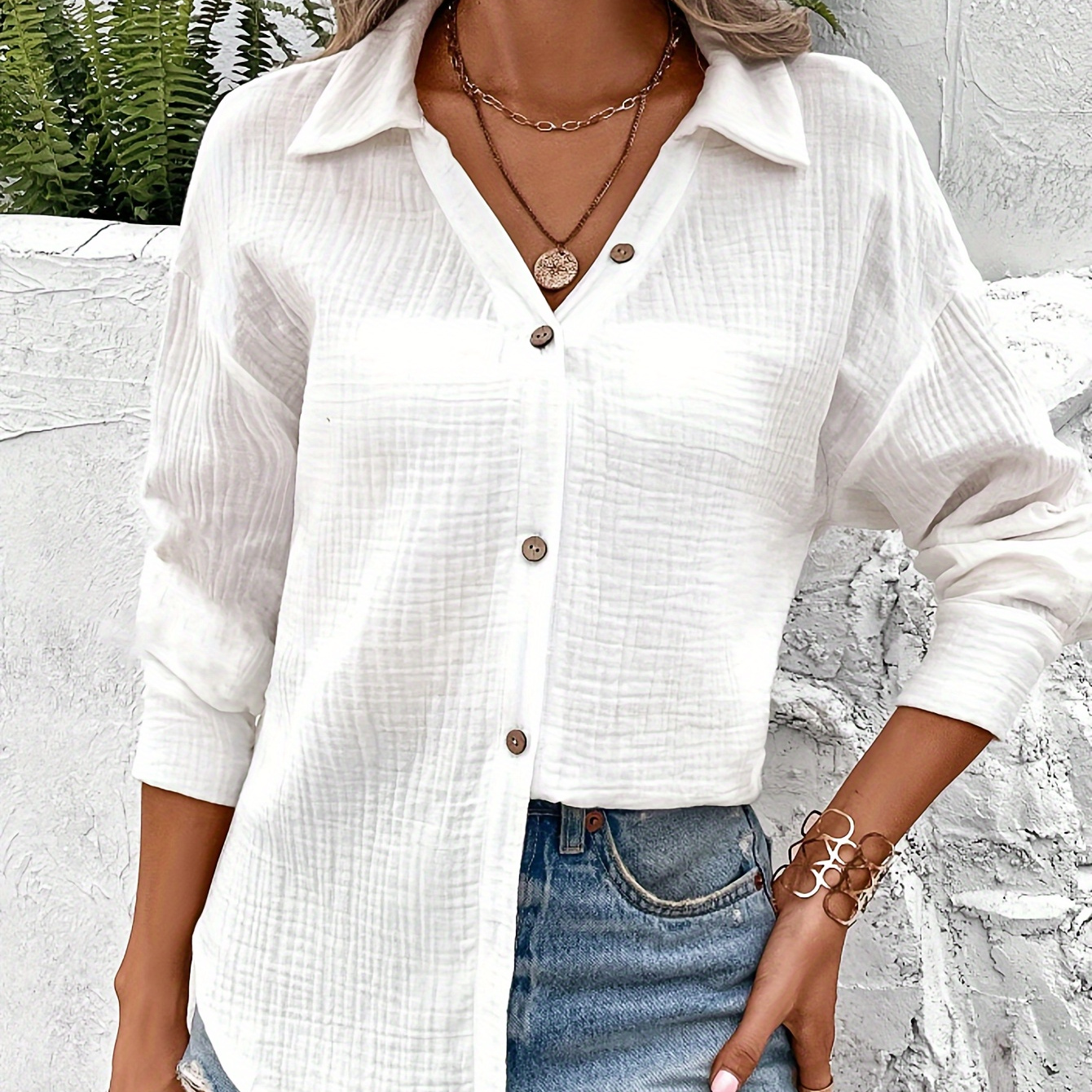 

Solid Button Front Simple Shirt, Casual Long Sleeve Shirt For Spring & Fall, Women's Clothing
