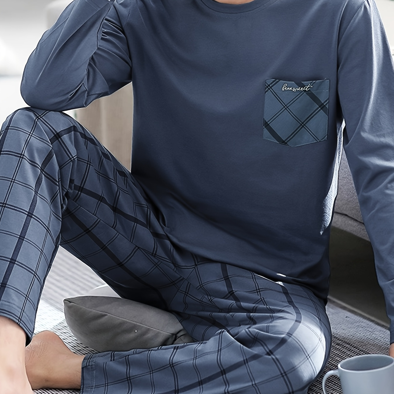 

Men's Cozy Pajama Set - Long Sleeve Round Neck Top & Pants With Pockets, Polyester , Machine Washable - Home Or Out