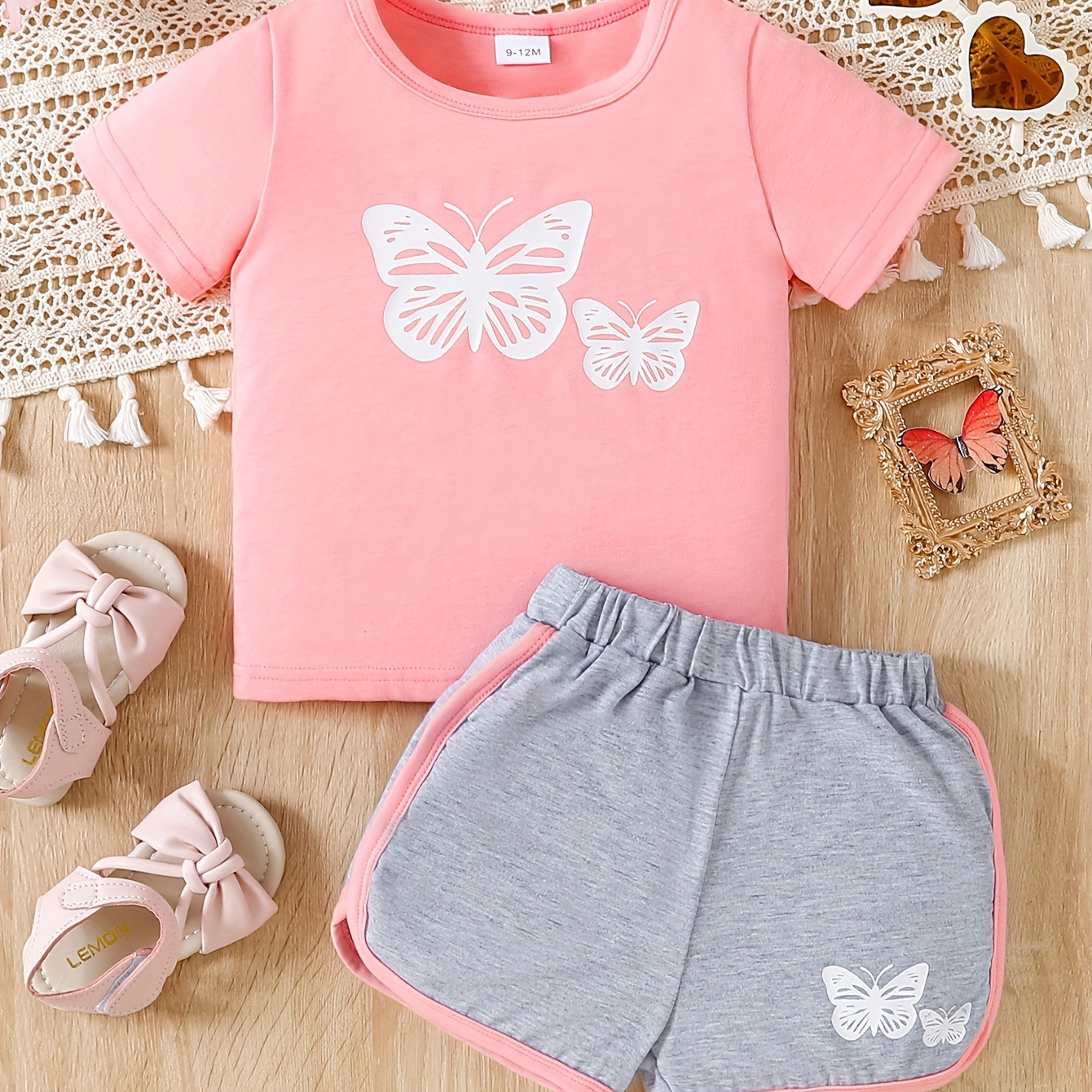

2pcs Baby Girls Short Sleeve Butterfly Pattern T-shirt Top + Shorts Casual Set
