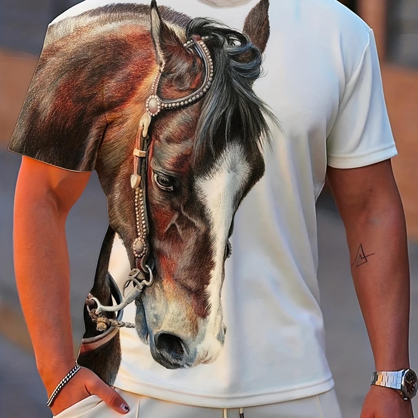 

Men's Horse Graphic T-shirt - 3d Digital Print, Active & Stretchy Short Sleeve Tee For Summer Outdoor Activities