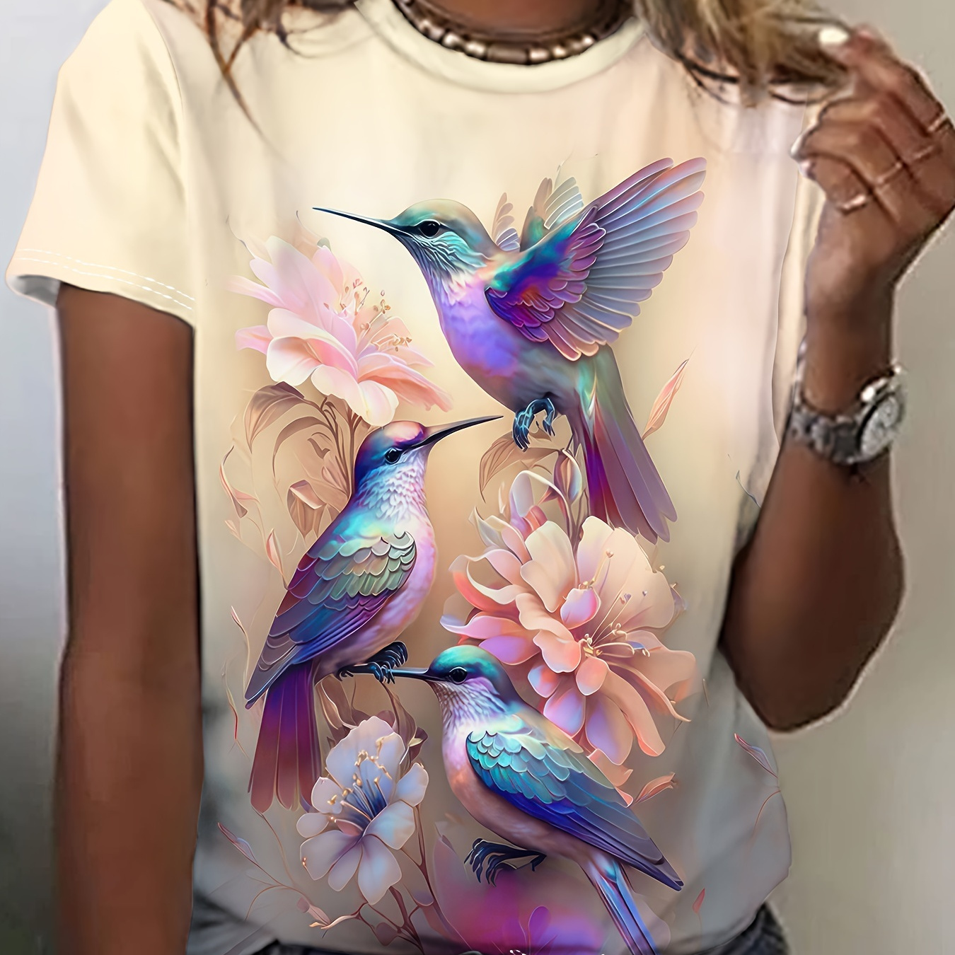 

Birds & Flower Print Vintage T-shirt, Crew Neck Short Sleeve Top For Spring & Summer, Women's Clothing