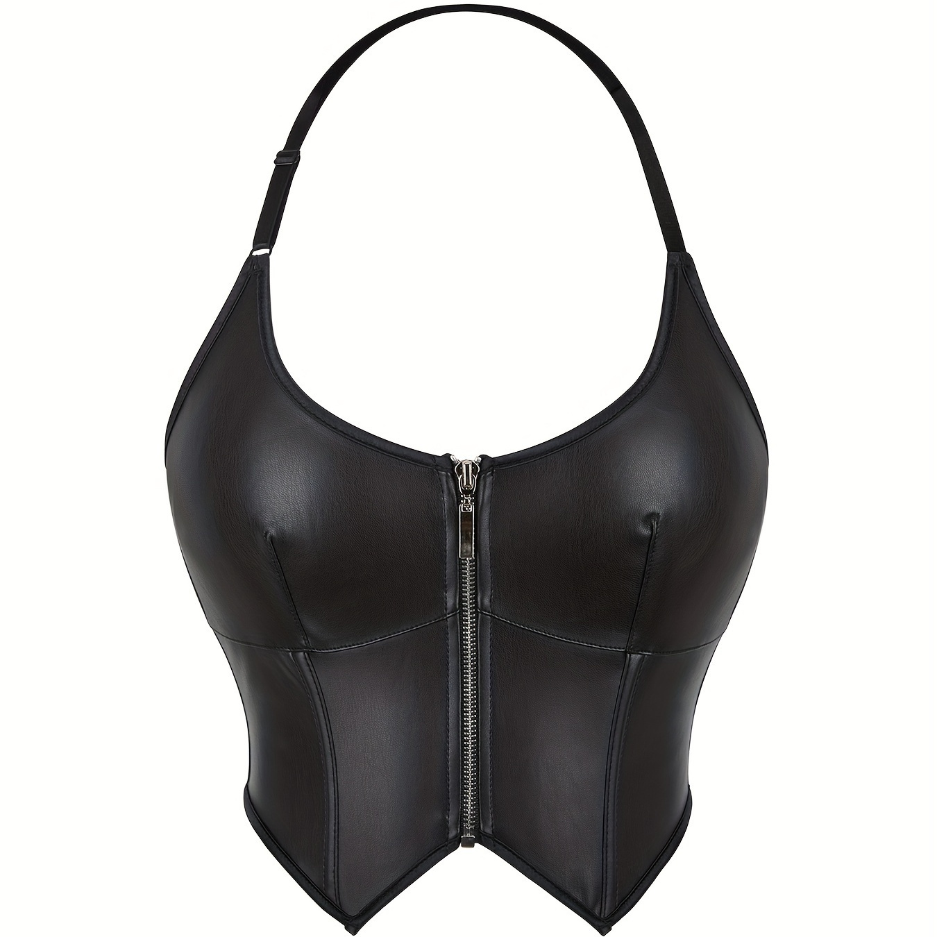 

Women's Punk-inspired Pu Leather Corset Top With Zipper Front - Sleeveless, Halter Neck, Tummy Control Shapewear