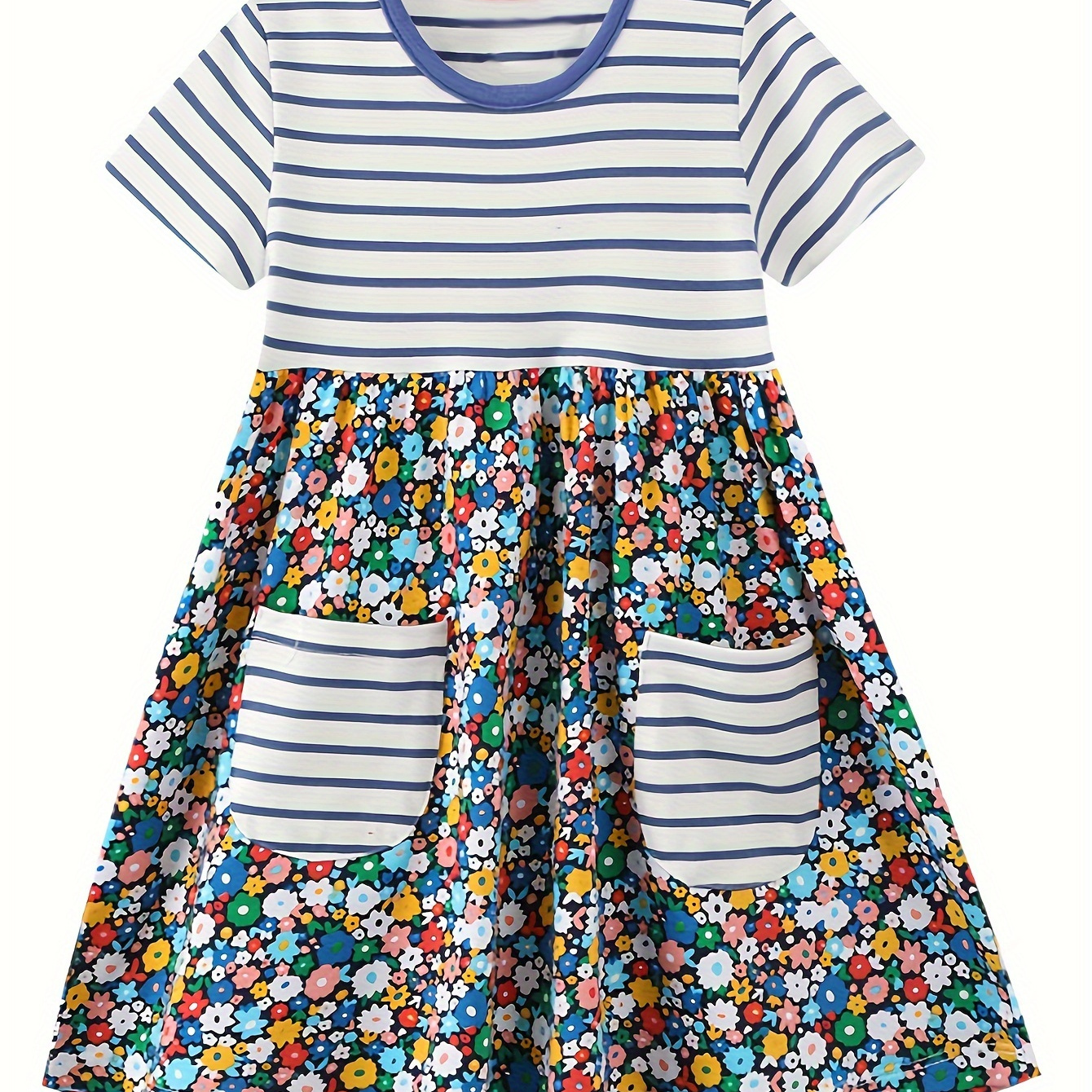 

Girls' Short Sleeved Skirt, Summer Pure Cotton Round Neck, Cool And Breathable Skirt, Blue And , Cute Small , Printed With Pockets, Children's Straight Tube Casual Dress, 2-8 Years Old