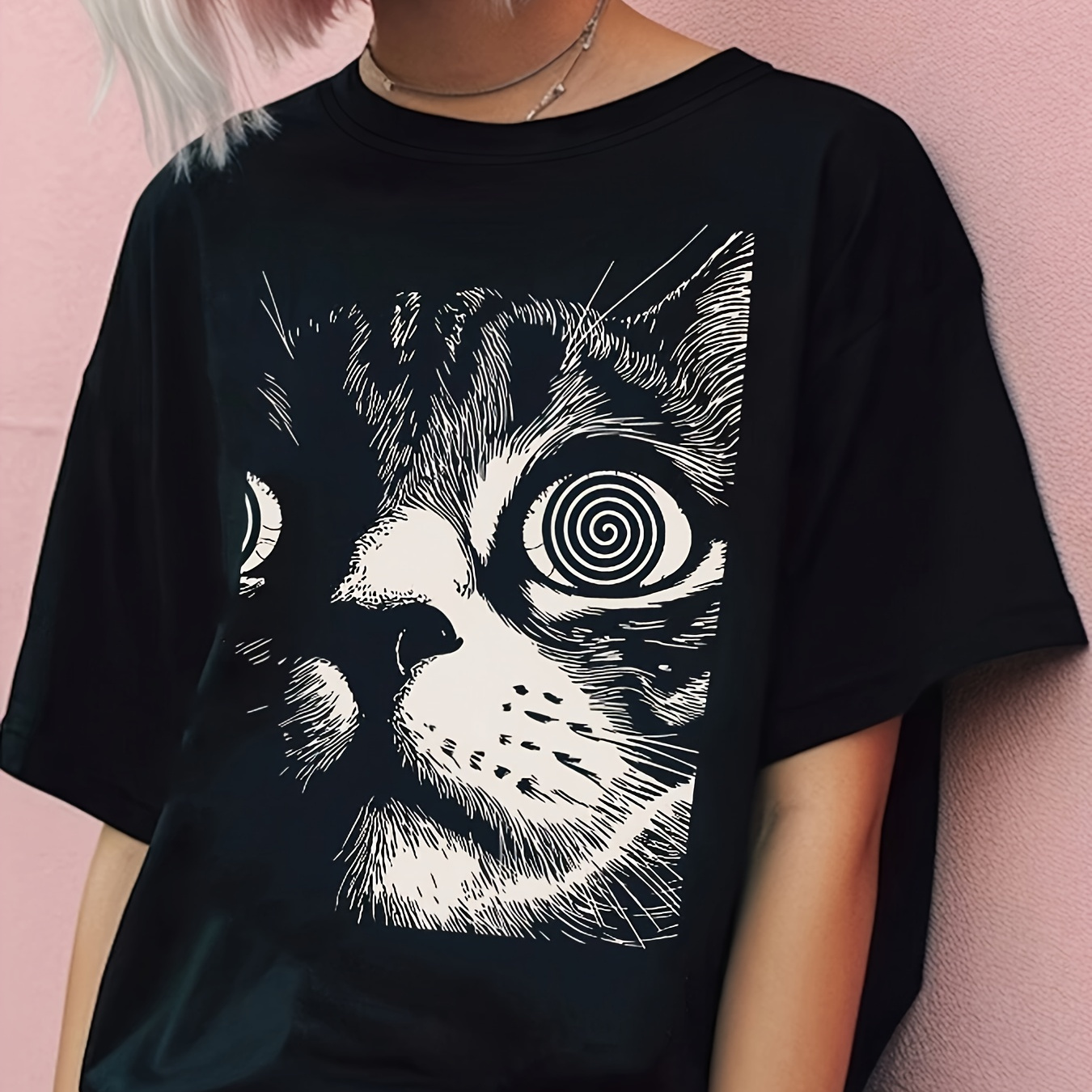 

1pc Women's Casual Polyester T-shirt With Christmas Cat , Crew Neck, Short Sleeve, Knit Fabric Top For All