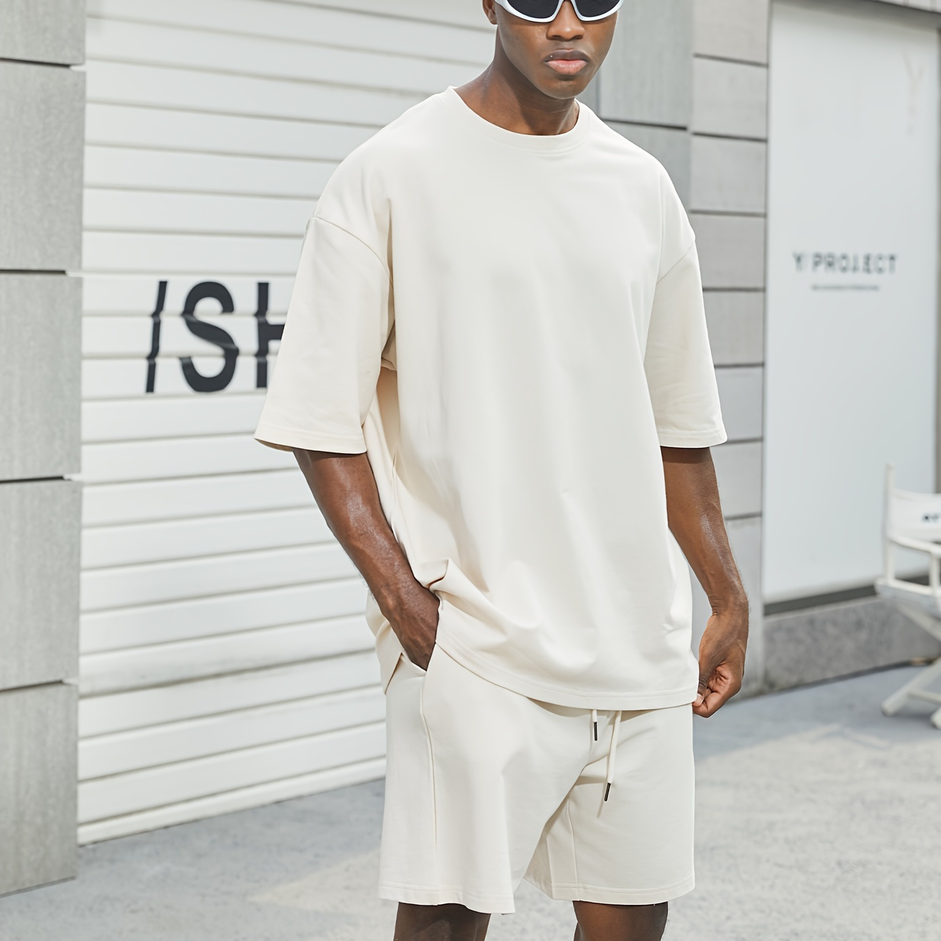 

Men's Oversized 2-piece Co Ord Set Streetwear, 100% Cotton Casual Solid Crew Neck Short Sleeve T-shirt & Drawstring Shorts For Summer Outdoor Activities