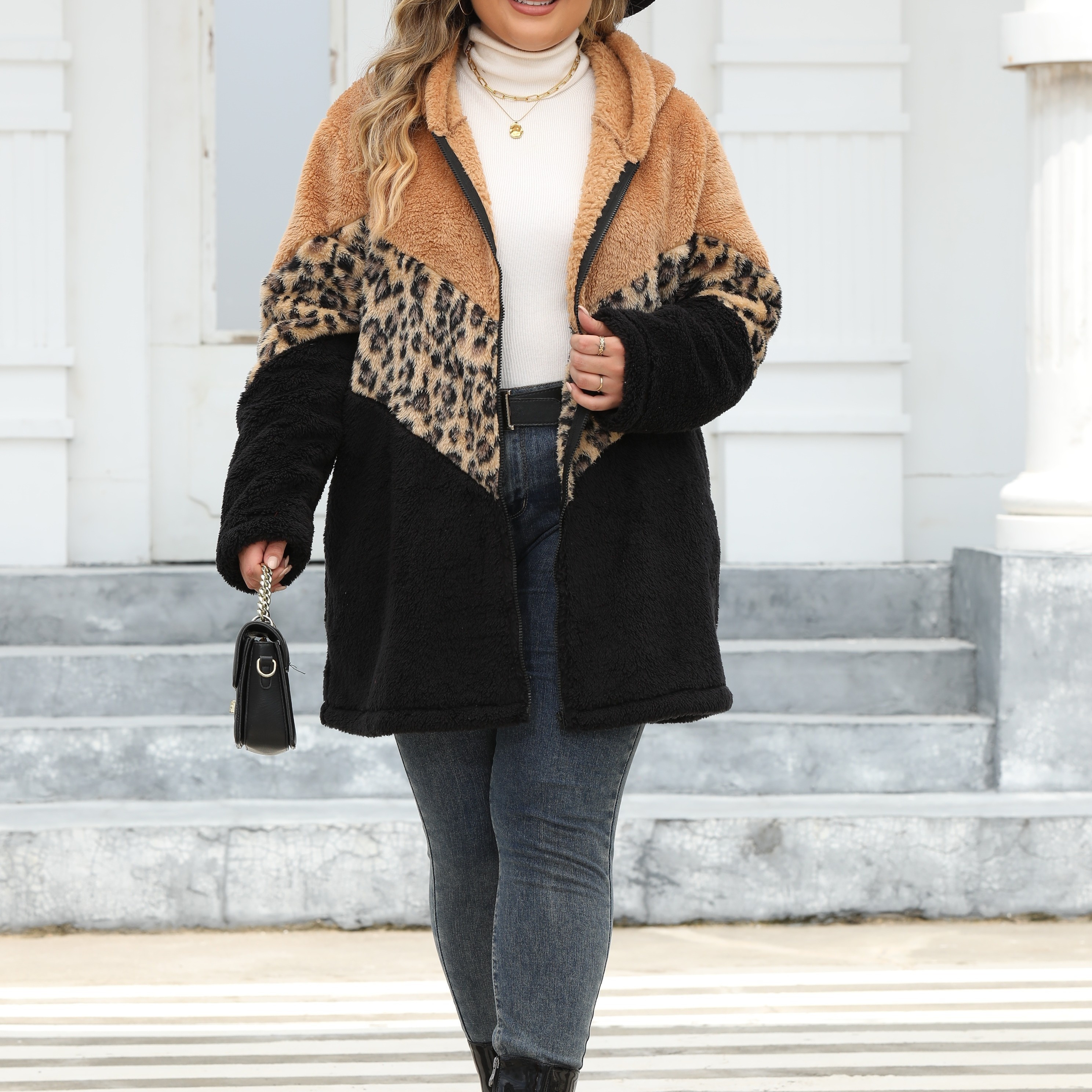 

Plus Size Casual Coat, Women's Plus Colorblock Leopard Print Teddy Fleece Zipper Long Sleeve Hooded Tunic Coat