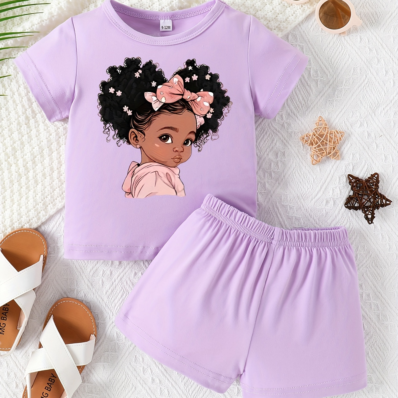 

Baby's Cartoon Bowknot Girl Print 2pcs Summer Outfit, Casual T-shirt & Shorts Set, Toddler & Infant Girl's Clothes For Daily Wear/holiday/party