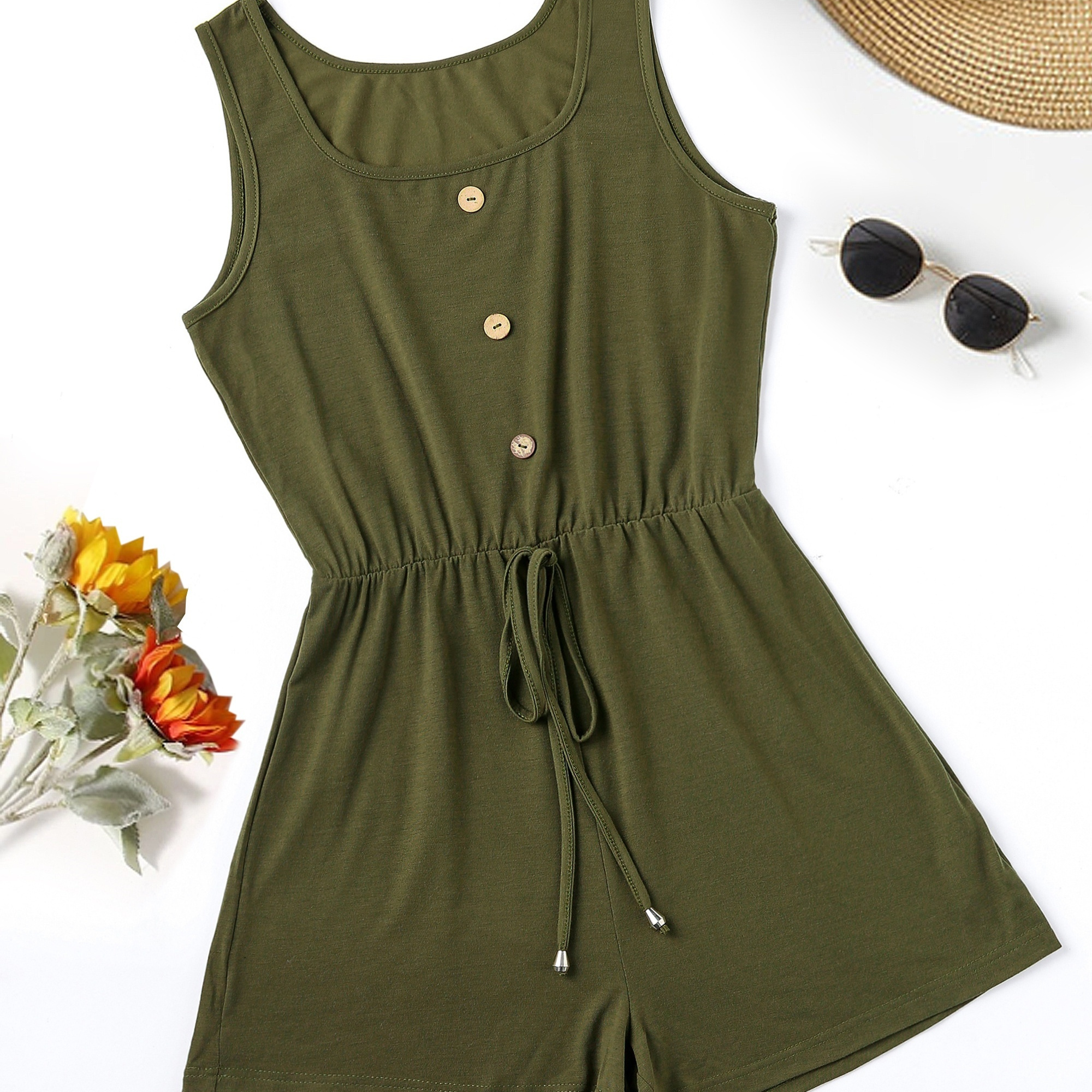 

Drawstring Waist Square Romper Jumpsuit, Casual Buttons Front Sleeveless Button Romper, Women's Clothing