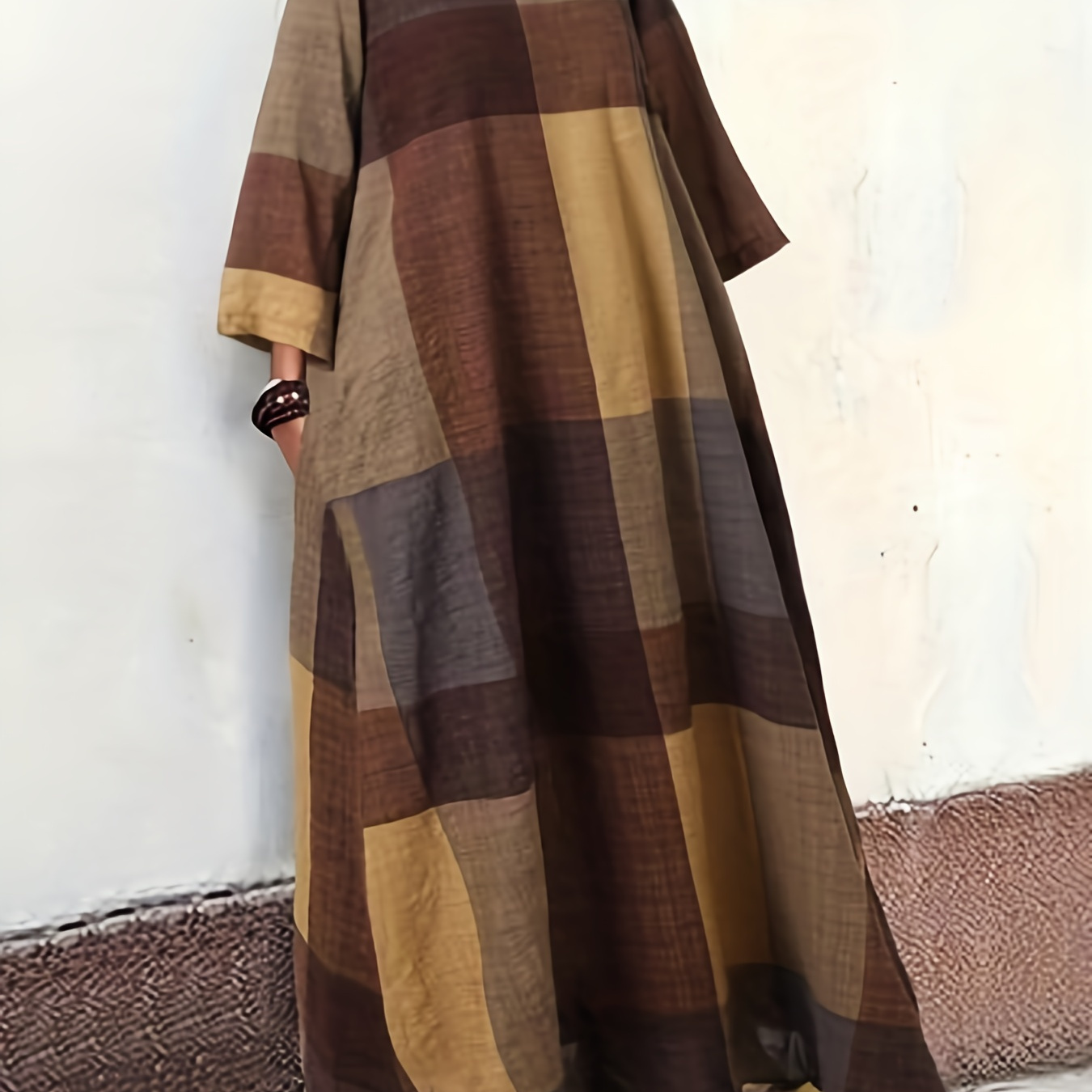 

Plus Size Casual Dress, Women's Plus Colorblock Grid Print Long Sleeve Round Neck Slight Stretch Loose Maxi Dress