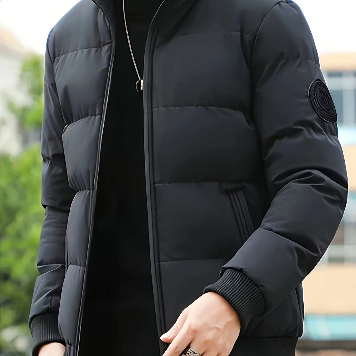 

1pc Men's Winter Thickened Warm Jacket, , Polyester Fabric, Solid Color, Zippered, Stand Collar, Slim Fit, Filled, Woven Weave Outerwear