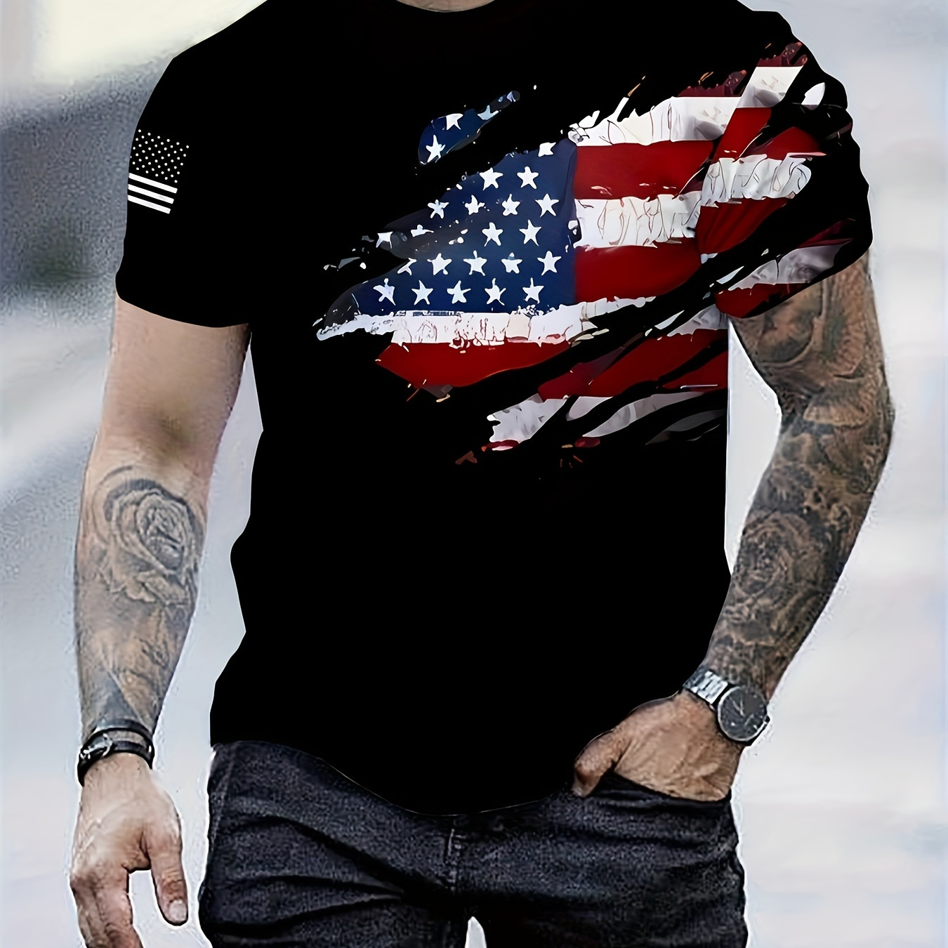 

Men's Summer Fashion, Us Flag And Ripped Pieces Like Graphic Print Crew Neck And Short Sleeve T-shirt, Leisure Tops For Outdoors And Sports Wear