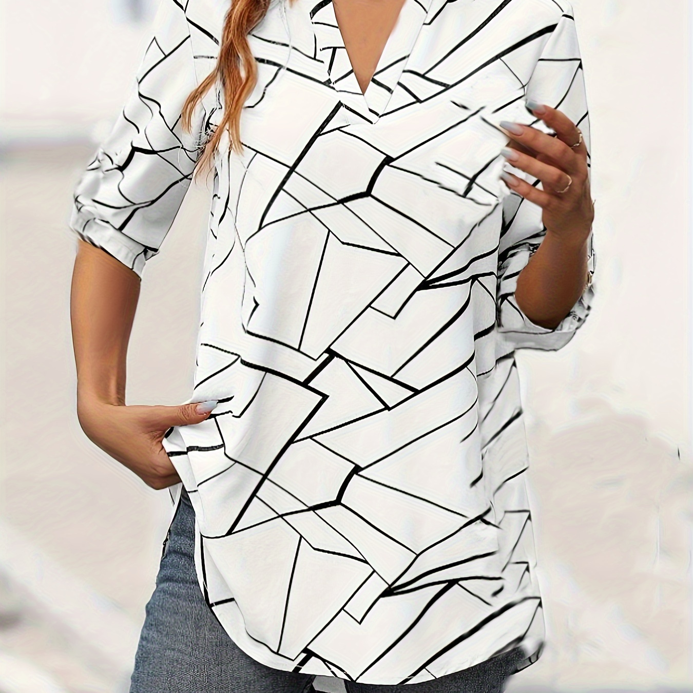 

Abstract Print Notch Neck Blouse, Casual Three-quarter Sleeve Blouse For Spring & Fall, Women's Clothing