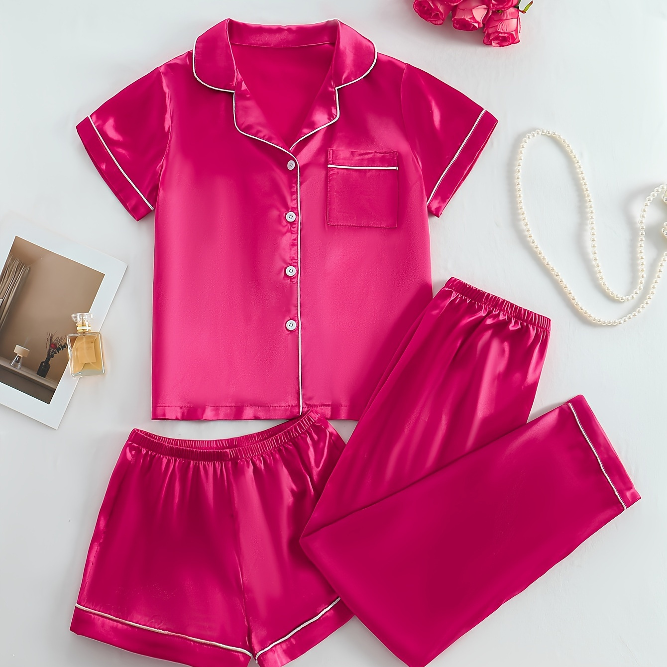 

Women's 3-piece Solid Color Satin Pajama Set With Pockets, Casual Lapel Collar Short Sleeve Shirt, Shorts & Pants, Comfortable Polyester Sleepwear For All