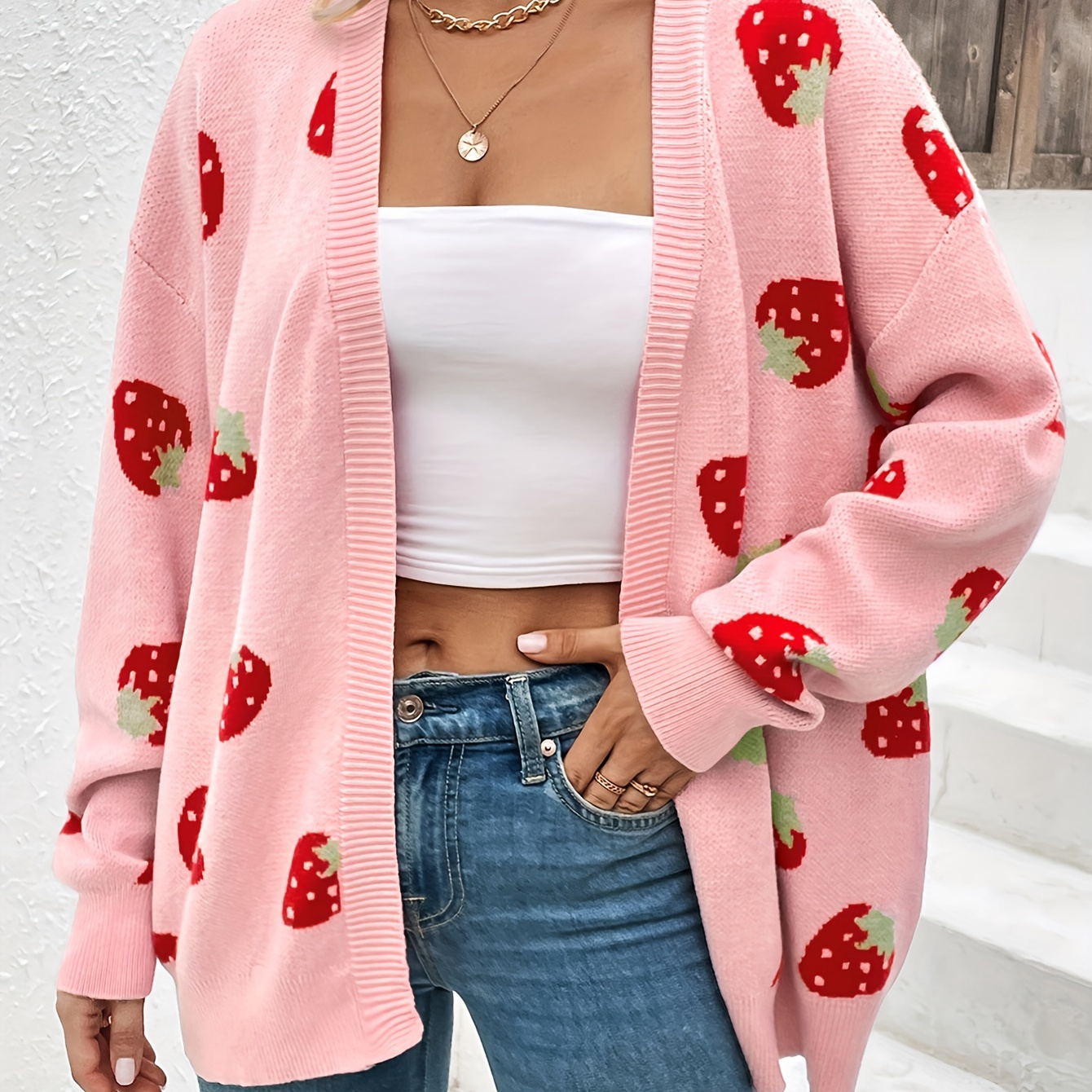 Plus Size Cute Cardigan, Women's Plus Strawberry Print Long Sleeve Open Front Cardigan