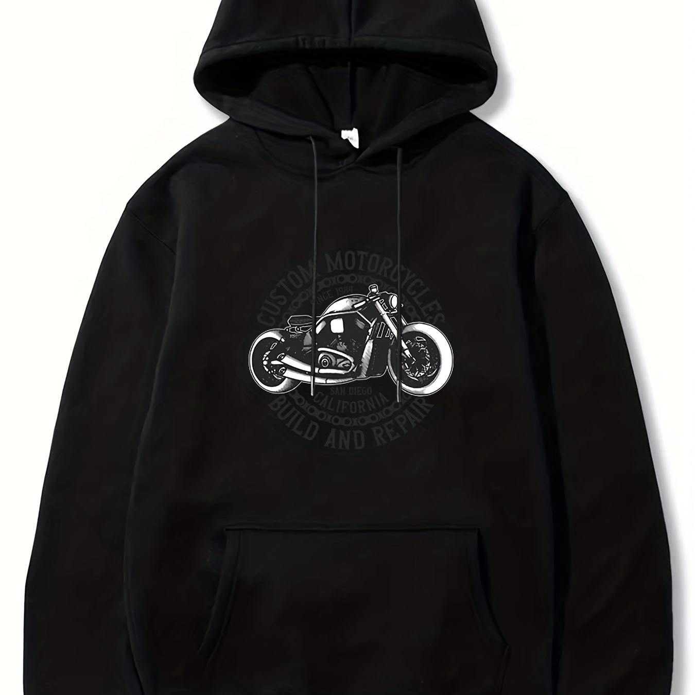 

Trendy Motorcycle & Letter Print, Hoodies For Men, Graphic Sweatshirt With Kangaroo Pocket, Comfy Trendy Hooded Pullover, Mens Clothing For Fall Winter