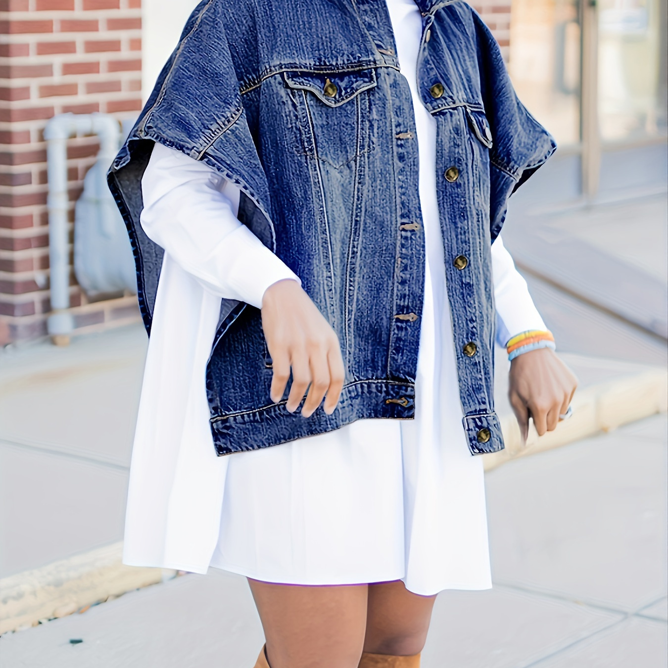 

Blue Drop Shoulder Denim Jackets, Non-stretch Flap Pockets Lapel Denim Jackets, Women's Denim Clothing