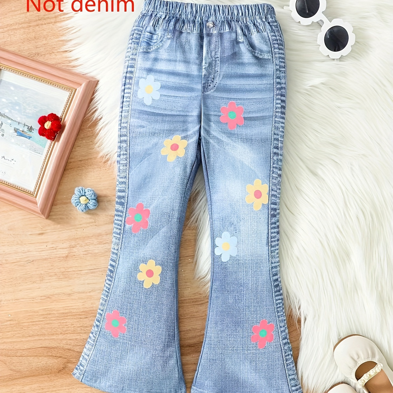 Girls Casual Bell-bottom Imitation Denim Print Flowers Print Elasticity Long Flare Pants