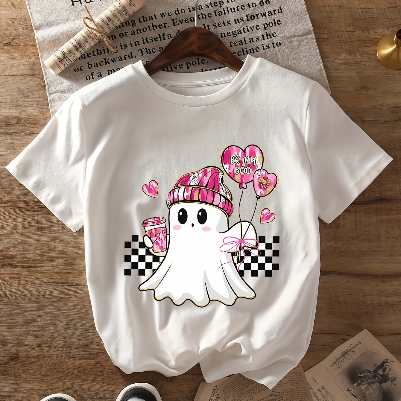 Women's Cute Ghost Valentine's Day T-Shirt – Love Heart Graphic Tee, Loose Fit, Casual Top - View #6