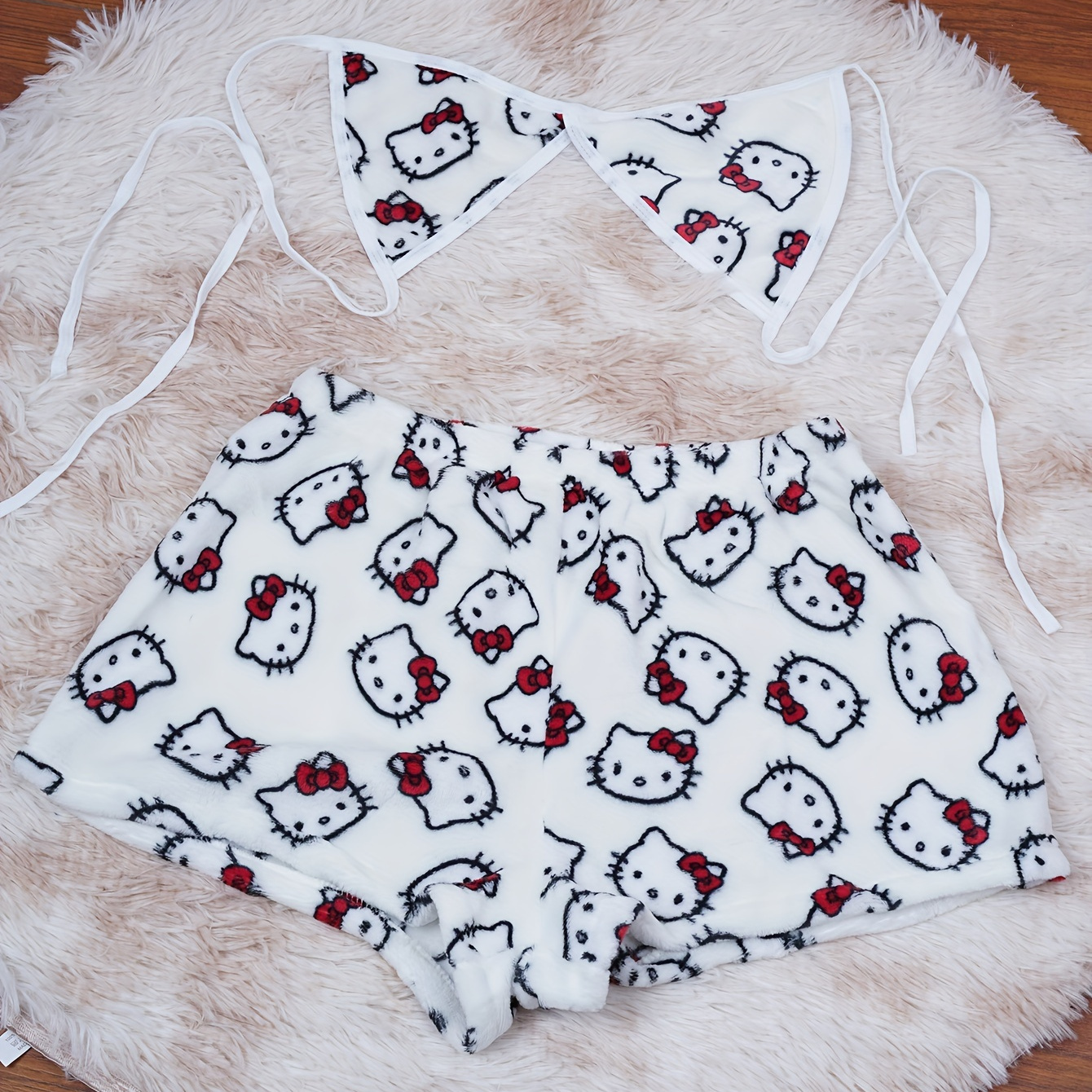 

Women's Cute Hello Kitty Print Two-piece Pajama Set, Sleep Home Wear, Cartoon Sleep Bottoms With Matching Triangle Bra