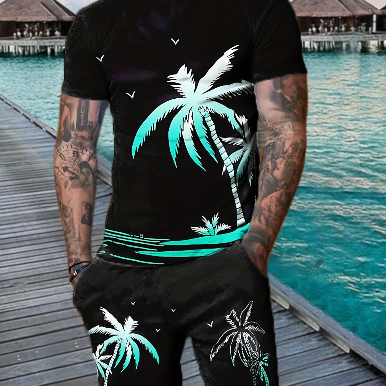 

Coconut Tree Print, Men's 2pcs Outfits, Casual Crew Neck Short Sleeve T-shirt And Drawstring Shorts Set For Summer, Men's Clothing Loungewear Vacation Workout