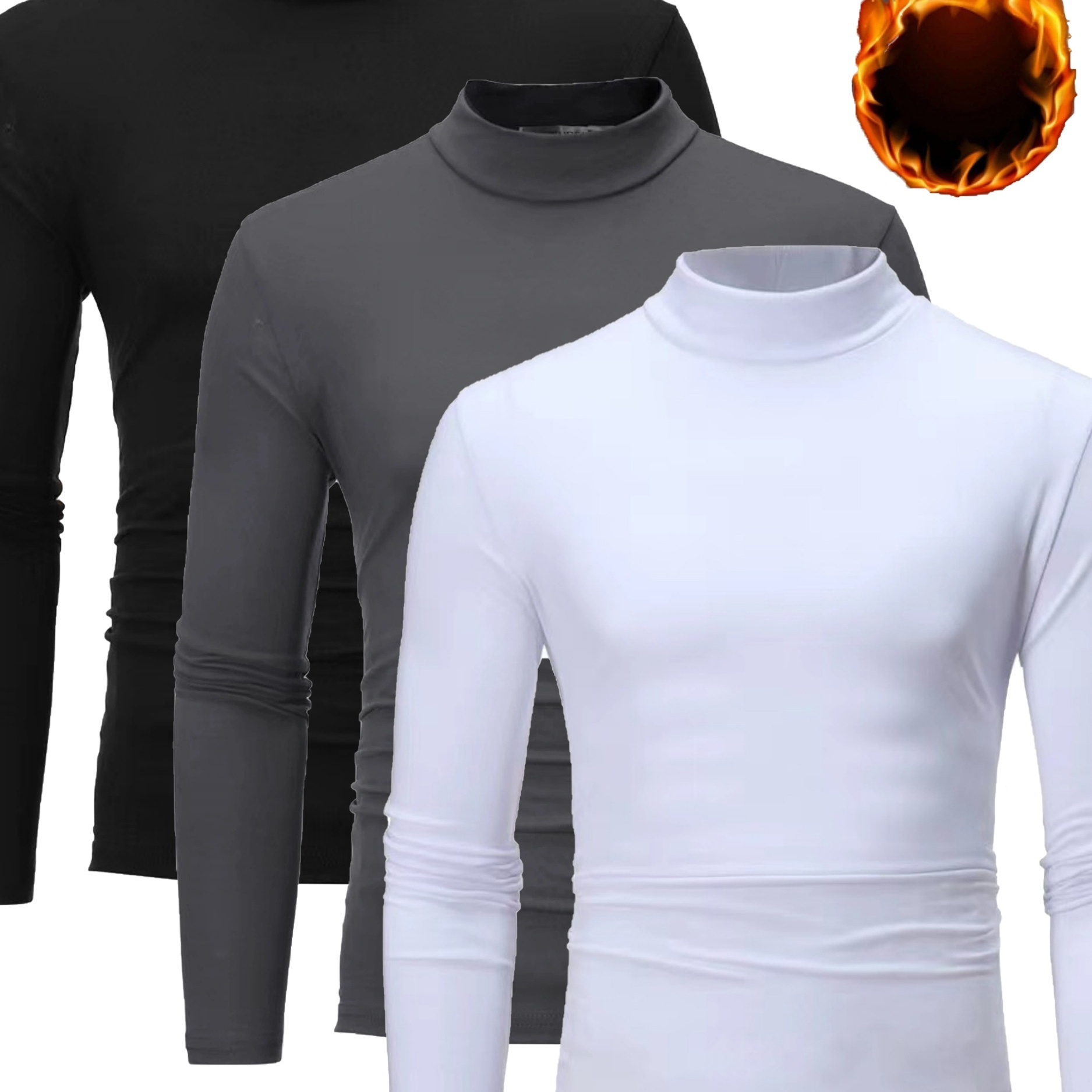 

Men's Fall/winter Thermal Turtleneck Tops 3-pack - 95% Polyester 5% Spandex Knit Fabric, Medium Stretch, Solid Color, Long Sleeve,