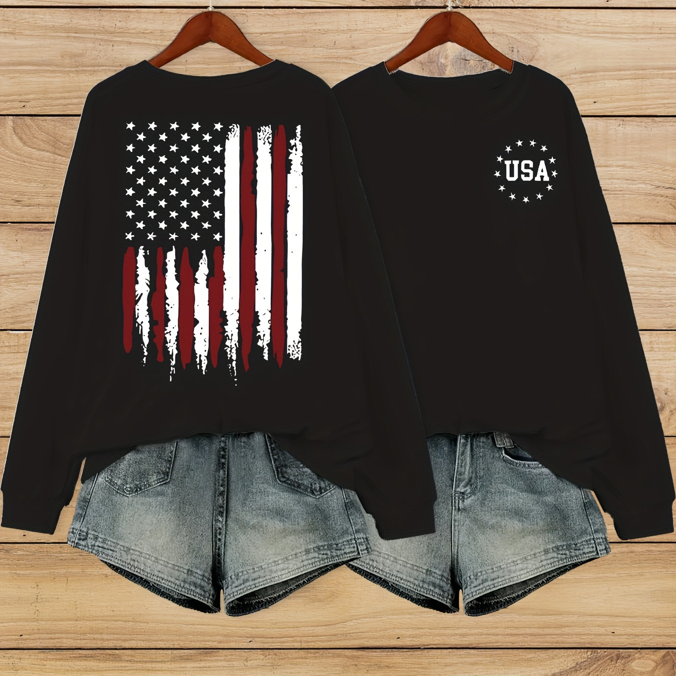 

Flag Print Pullover Sweatshirt, Casual Long Sleeve Crew Neck Sweatshirt For Fall & Winter, Women's Clothing