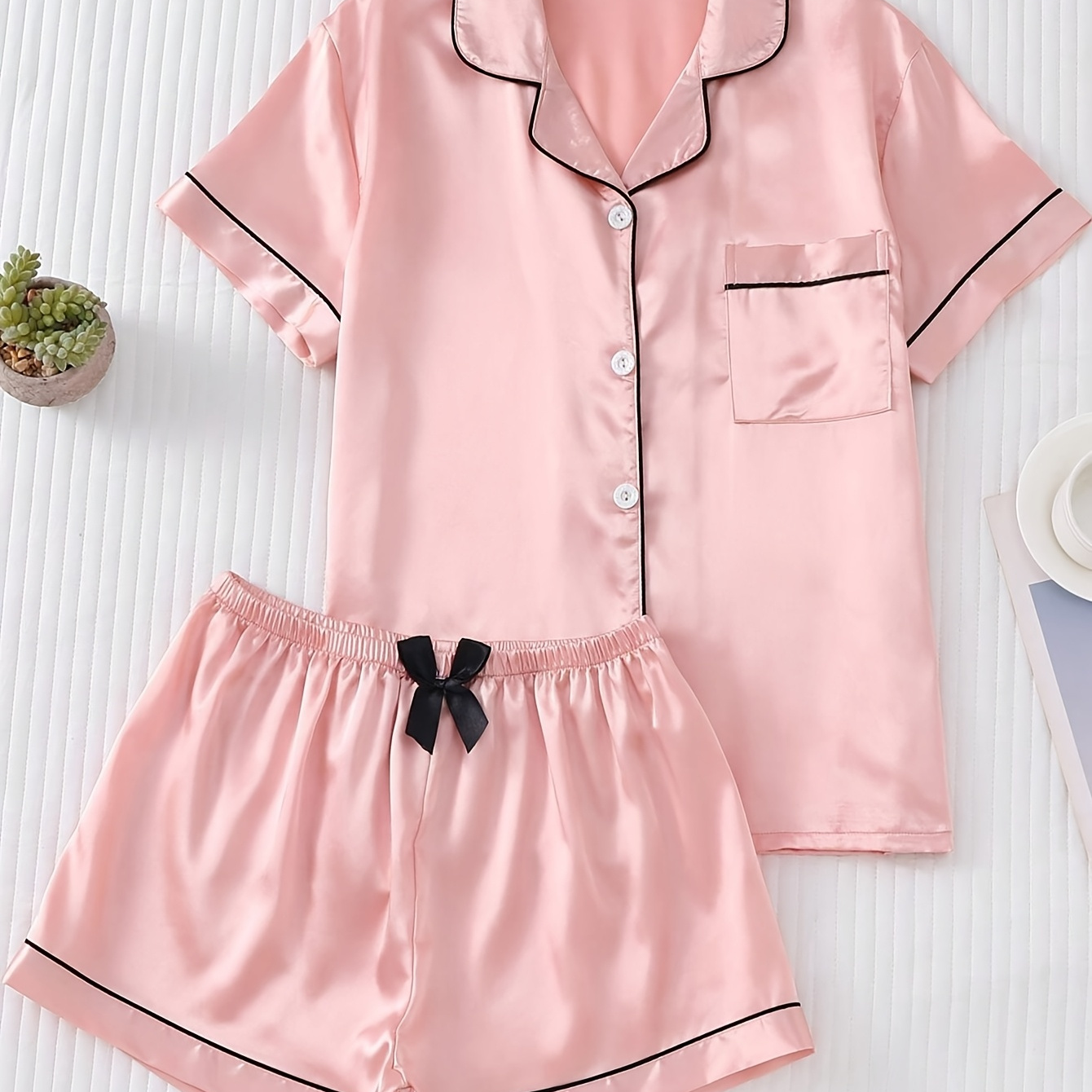 

Women's Satin Pajama Set, Short Sleeve Button-up With Bowknot, Solid Color, Casual Collar, , Adult Sleepwear, Woven Fabric