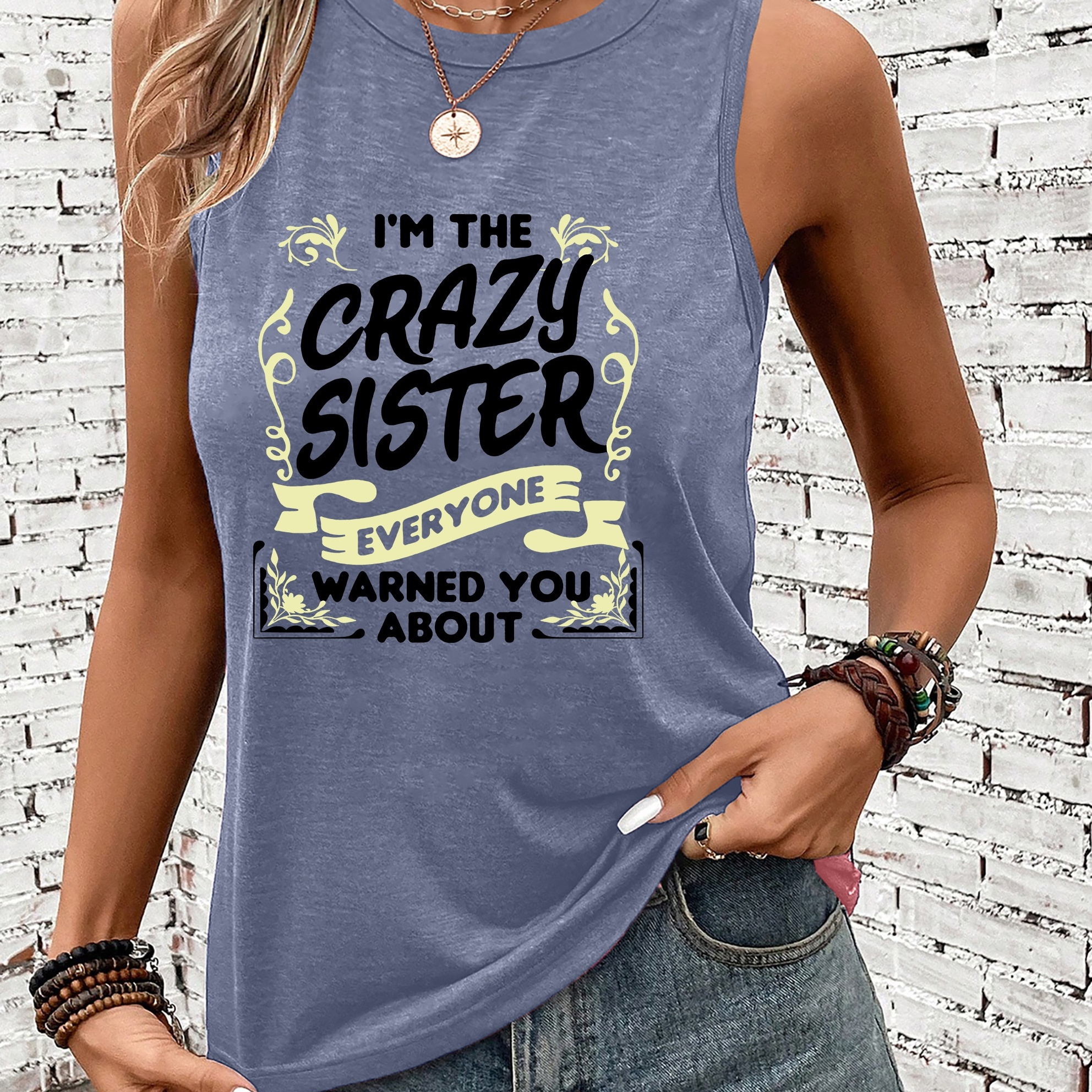 

Crazy Sister Print Tank Top, Sleeveless Casual Top For Summer & Spring, Women's Clothing