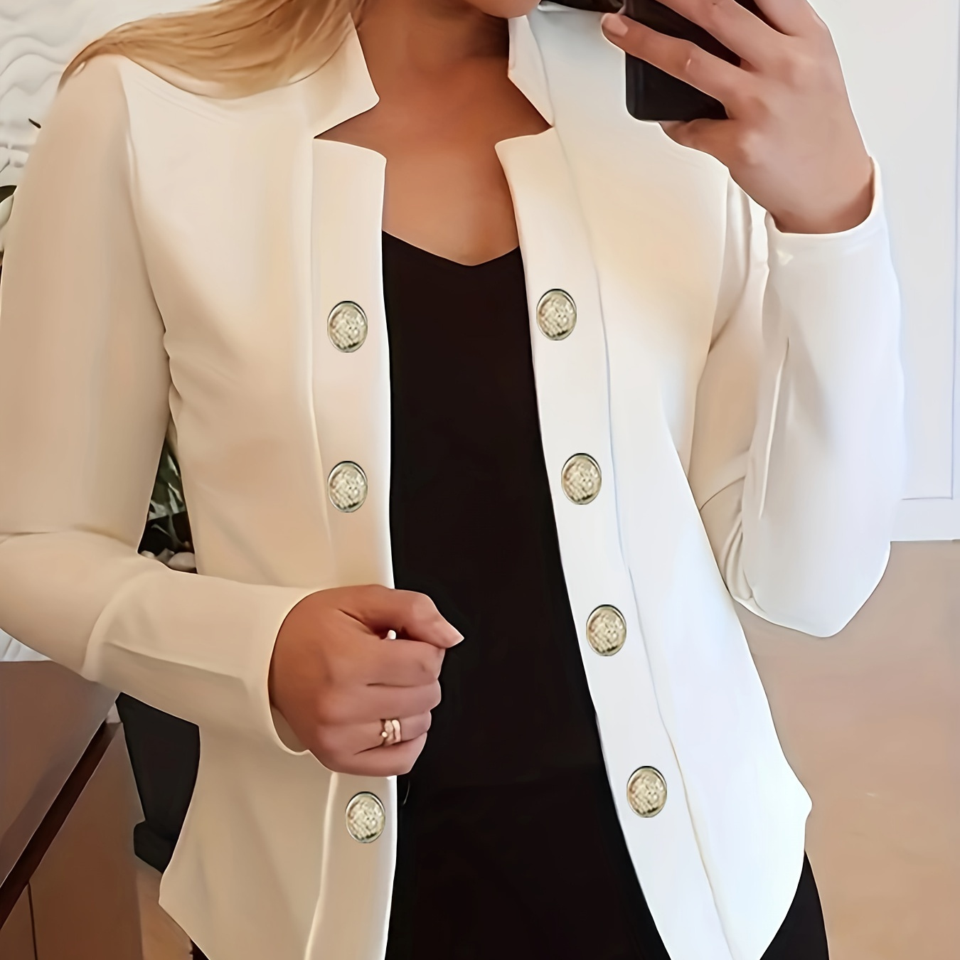 

Button Decor Open Front Blazer, Casual Long Sleeve Simple Outerwear, Women's Clothing