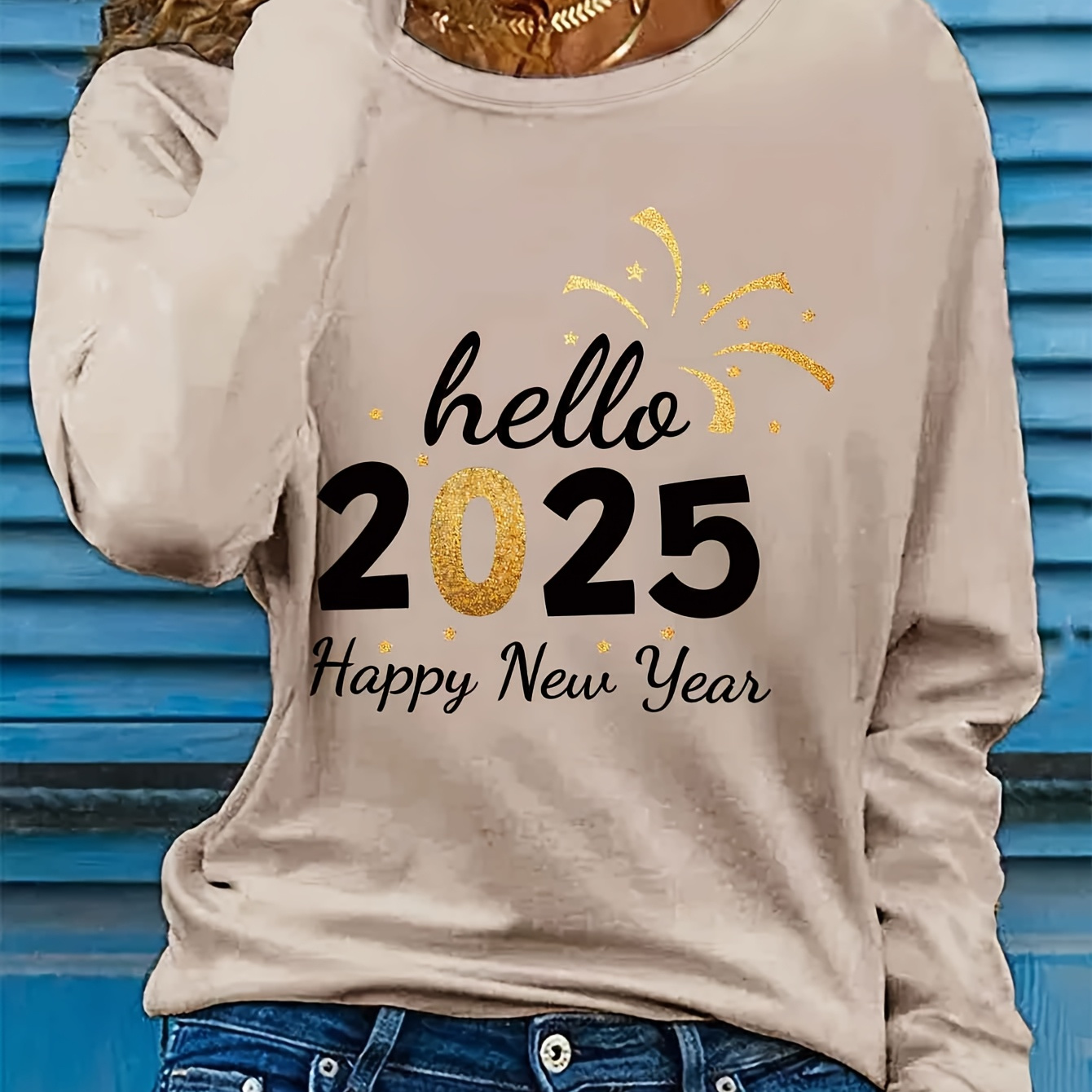 

1pc Women's Casual Long Sleeve T-shirt With Hello 2025 Happy New Year Letter Print, Crew Neck Pullover Top, Polyester Knit Fabric, Wear