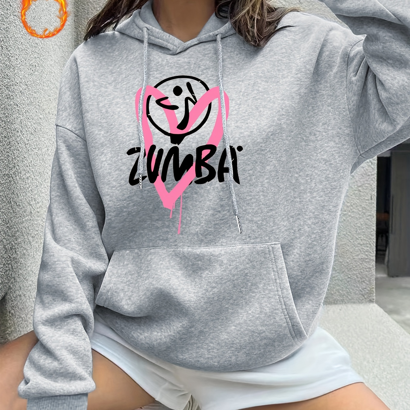 

Zumba Print Solid Color Drawstring Hoodie, Pullover Drawstring Kangaroo Pocket Active Hooded Sweatshirt, Women's Sweatshirts